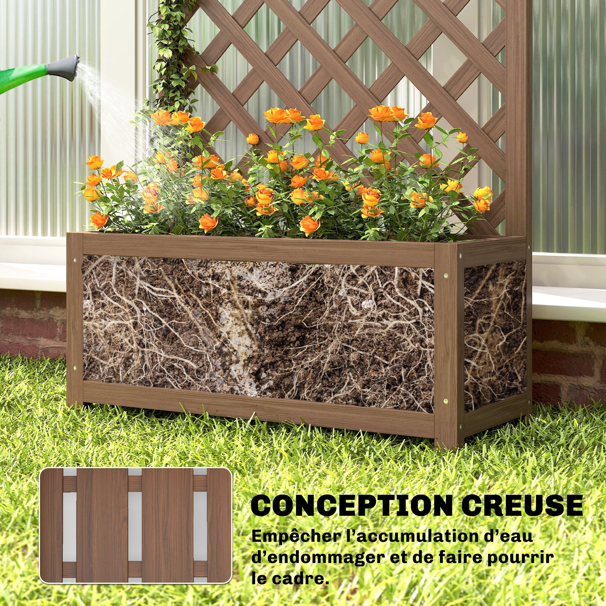 Outsunny Jardinière avec Treillis, Bac à Fleurs, Bois Massif, 70 x 28 x 117 cm, Café Foncé