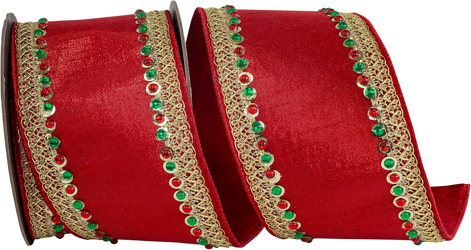 Reliant Ribbon Jeweled Trimming Deluxe Metallic Two Sided Wired Edge, Red, 4 Inch, 5 Yards