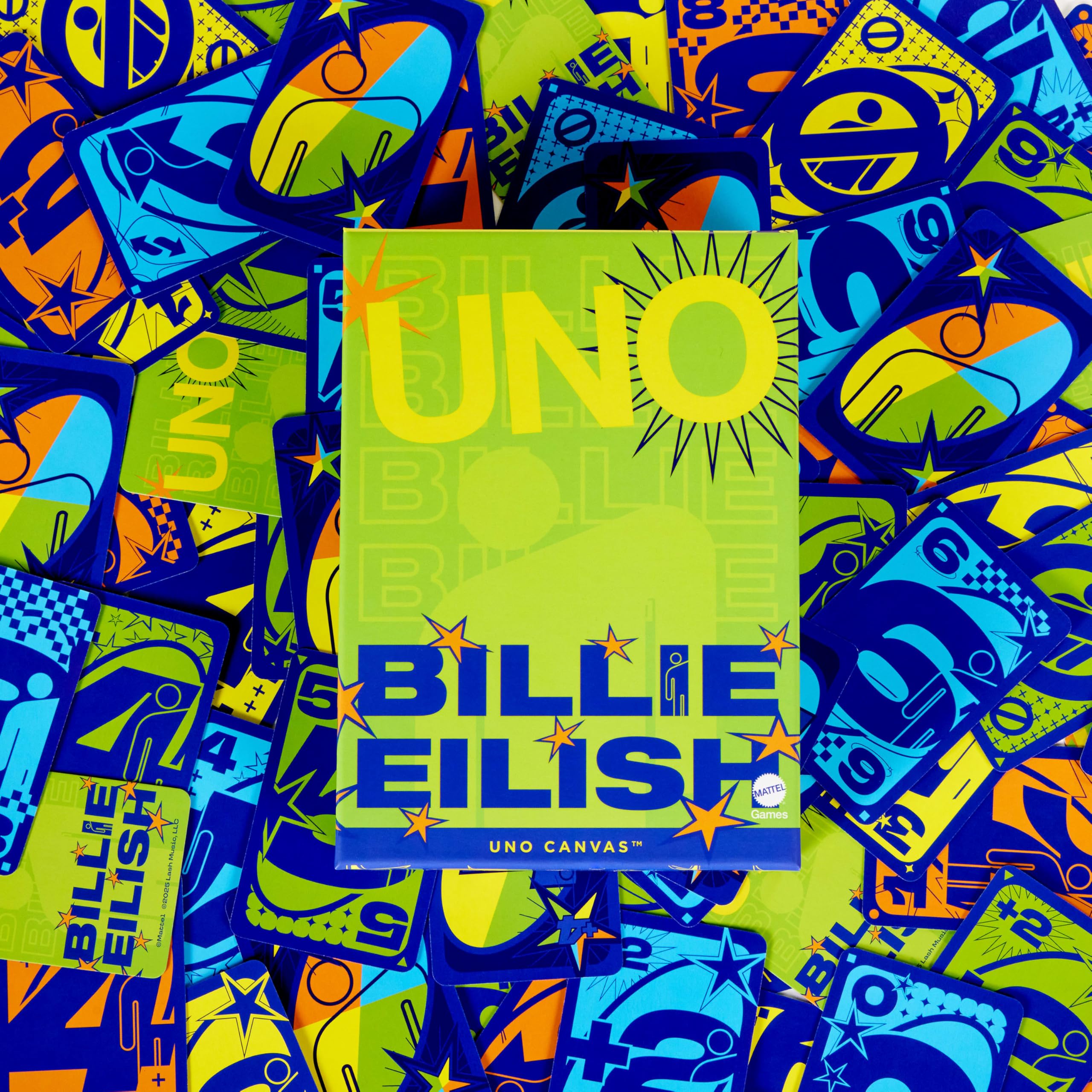 Mattel Games Gry Mattel Karty UNO Canvas Billie Eilish Towarzyska gra karciana, rodzinna i imprezowa, dla dzieci i dorosłych, karty z grafikami wybranymi przez artystkę, zabawka 7+, JFP02