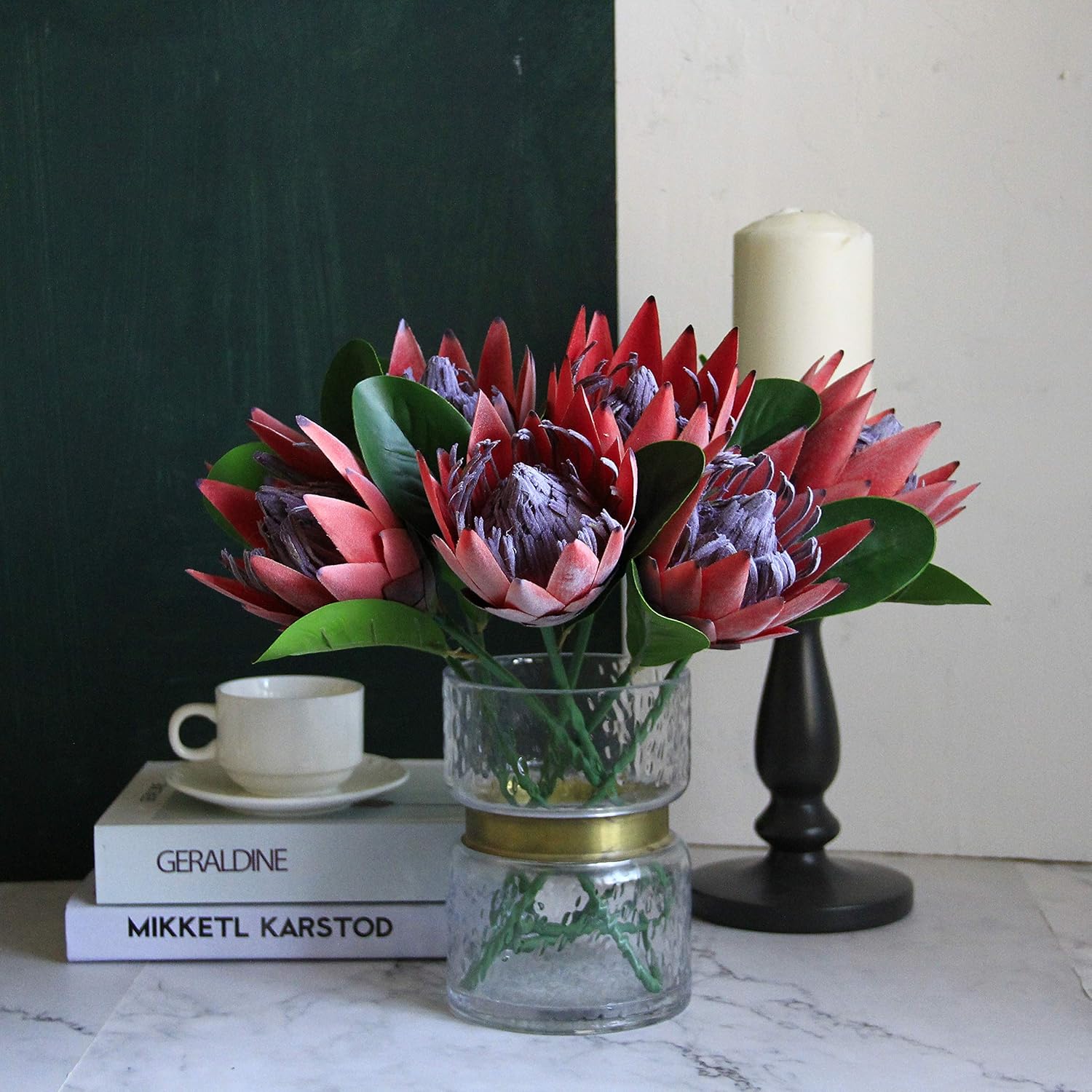 Tinsow Artificial Protea Cynaroides for Flower Arrangements, Faux Silk Bouquet for Table Decoration Centerpieces, Wedding (3 Pieces, Red) - Image 6