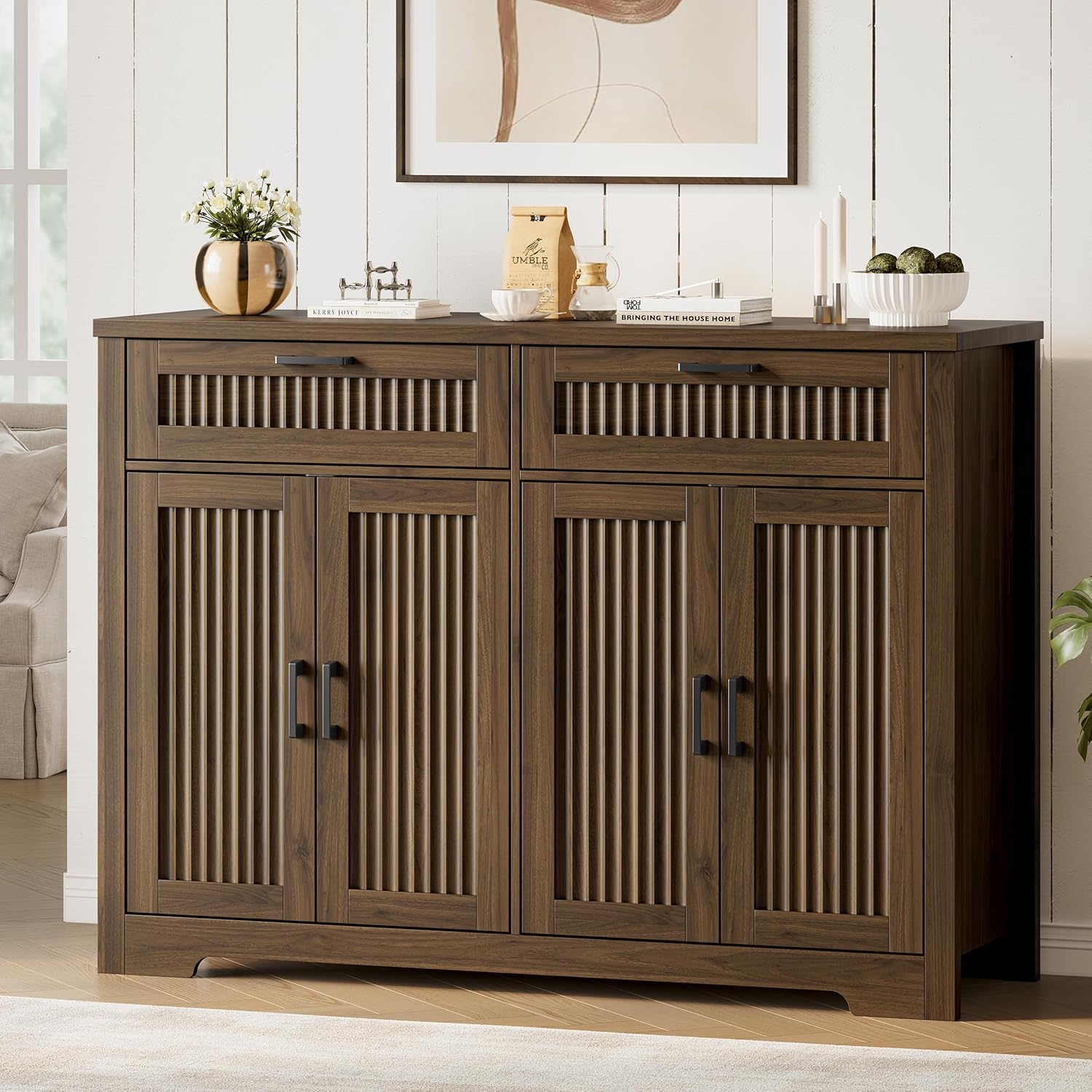 Fluted Buffet Sideboard Cabinet with Storages, Modern Buffet Table with 2 Drawers & 4 Doors, Wood Coffee Bar Console Table with Adjustable Shelves for Kitchen, Living Room, Dining Room, Walnut