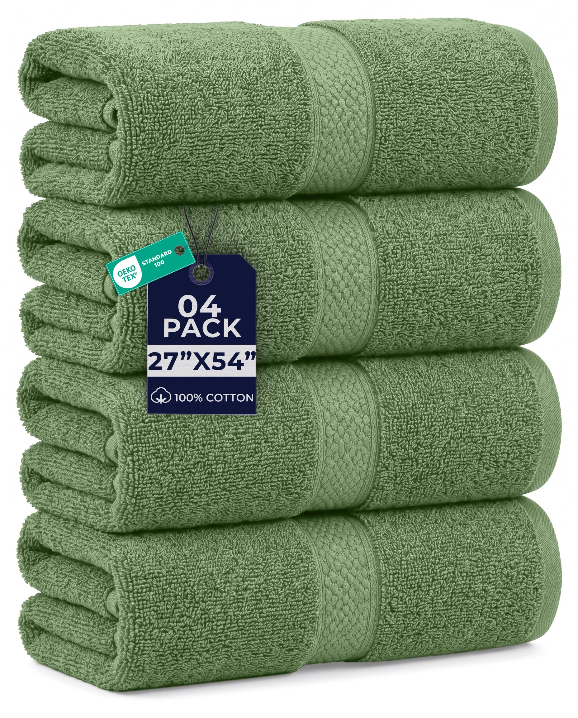 DAN RIVER 600 GSM Cotton Large Bath Towels Set of 4, 27 x 54 Inches, Green