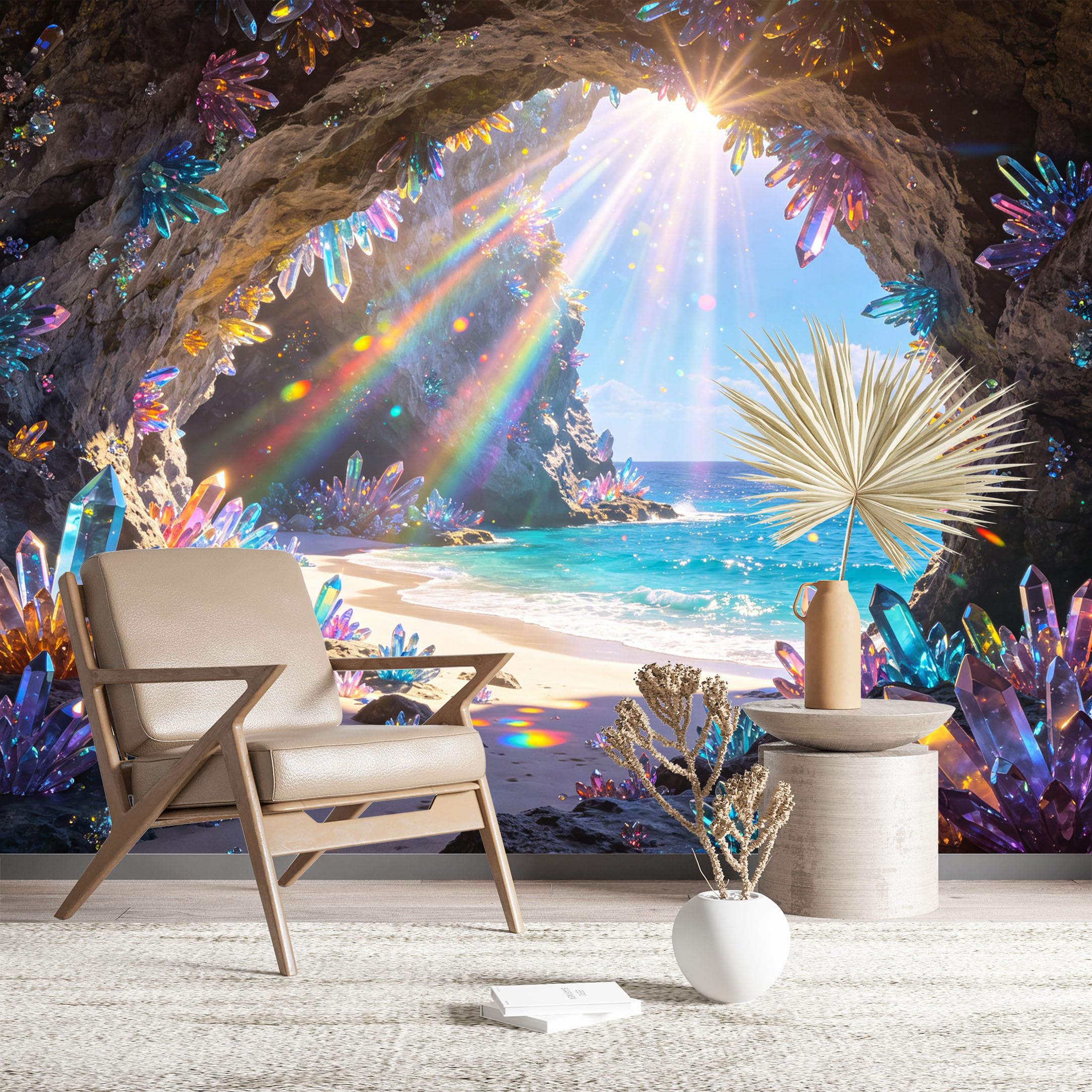 Custom Size Wall Murals Crystal Cave Beach View Wall Murals Fantasy Wallpaper Realistic Self-Adhesive Removable Wallpaper for Living Room Bedroom