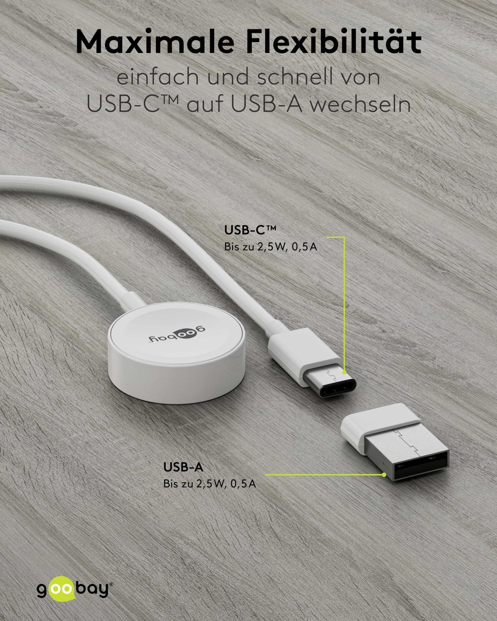 goobay 65343 Ładowarka do zegarka Apple Watch/bezprzewodowa ładowarka/kompatybilna ze wszystkimi modelami Apple Watch SE/8/7/6/5/4/3/2 / w zestawie adapter USB