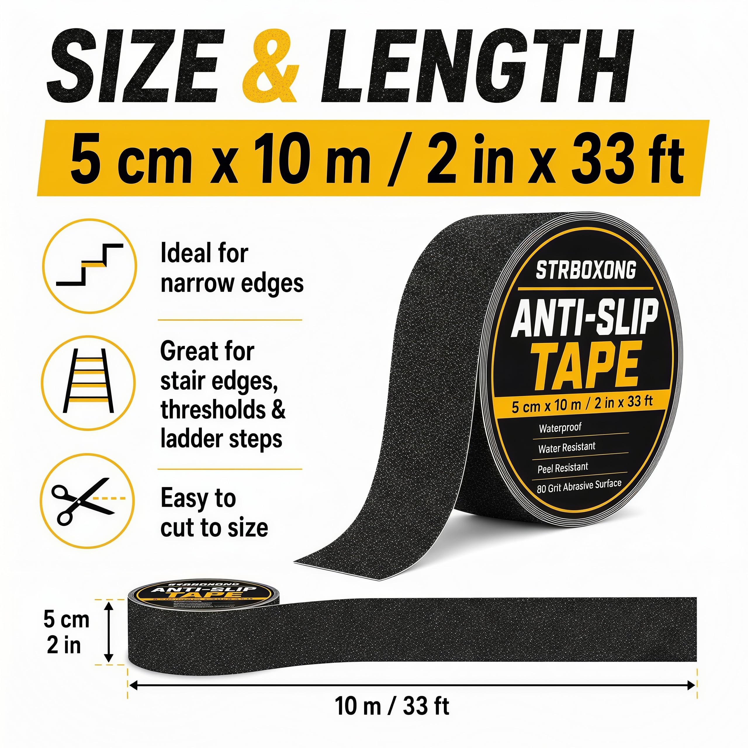 STRBOXONG Nastro Antiscivolo Nero 50mm x 10m, Strisce Adesive ad Alta Trazione per Scale Interne ed Esterne, Grip Tape Professionale Impermeabile per Gradini, Rampe, Marmo, Legno e Metallo, 1 Rotolo