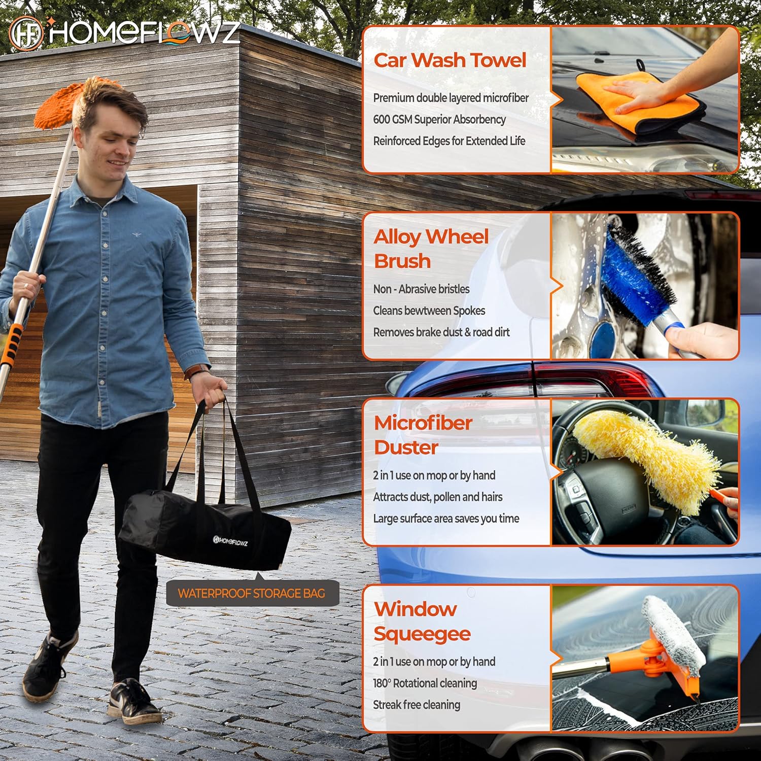 Homeflowz Car Wash Mop Kit [10PC] - Car Wash Brush with Long Handle - 62'' Stainless Steel Pole - Scratch Free Chenille Microfiber Car wash Brush Mitt - Car Mop Washing Kit for RV Cars and Bus : Automotive