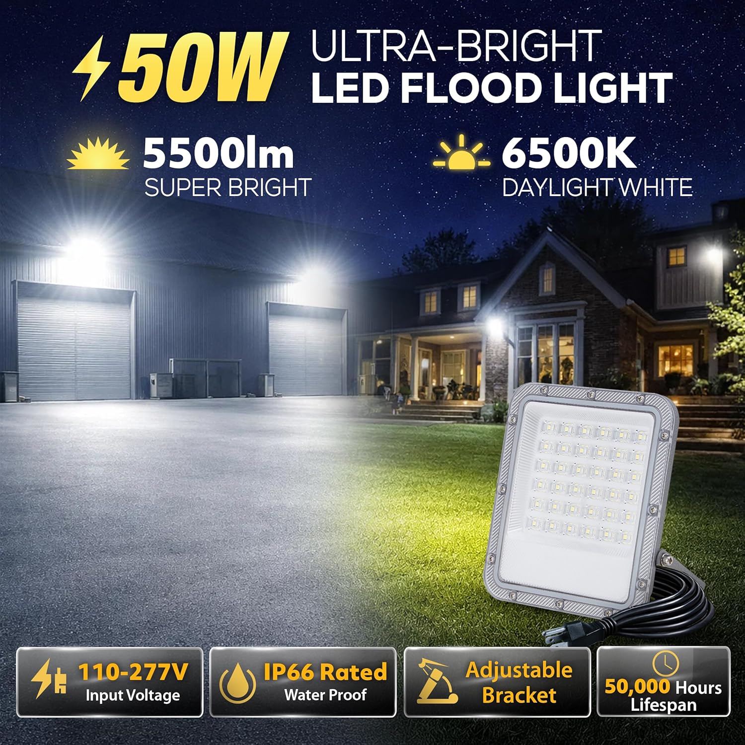 50W LED Flood Light Outdoor, 110-277V Commercial & Residential LED Lights IP66 Waterproof, 6500K Daylight White, 5500LM, Energy Efficient Flood Outdoor Lights, Plug-in LED Flood Lights, 2 Pack