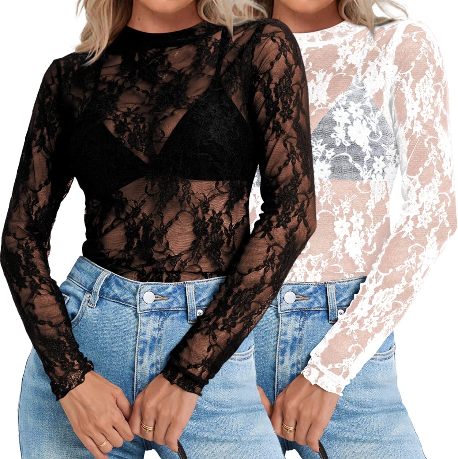 Elesomo 2 Pack Women's Long Sleeve Lace Tops Mesh Mock Neck See Through Shirt Blouse, Black White M