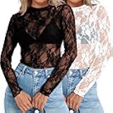 Elesomo Womens Mesh Lace Long Sleeve Tops Mock Neck See Through Shirts Casual Blouses