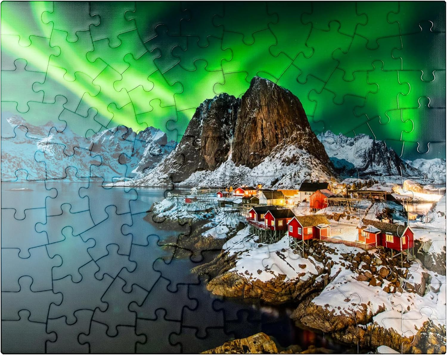 MyPuzzle Aurora Borealis Over Hamnoy in Norway - Premium 100 Piece Jigsaw Puzzle for Adults