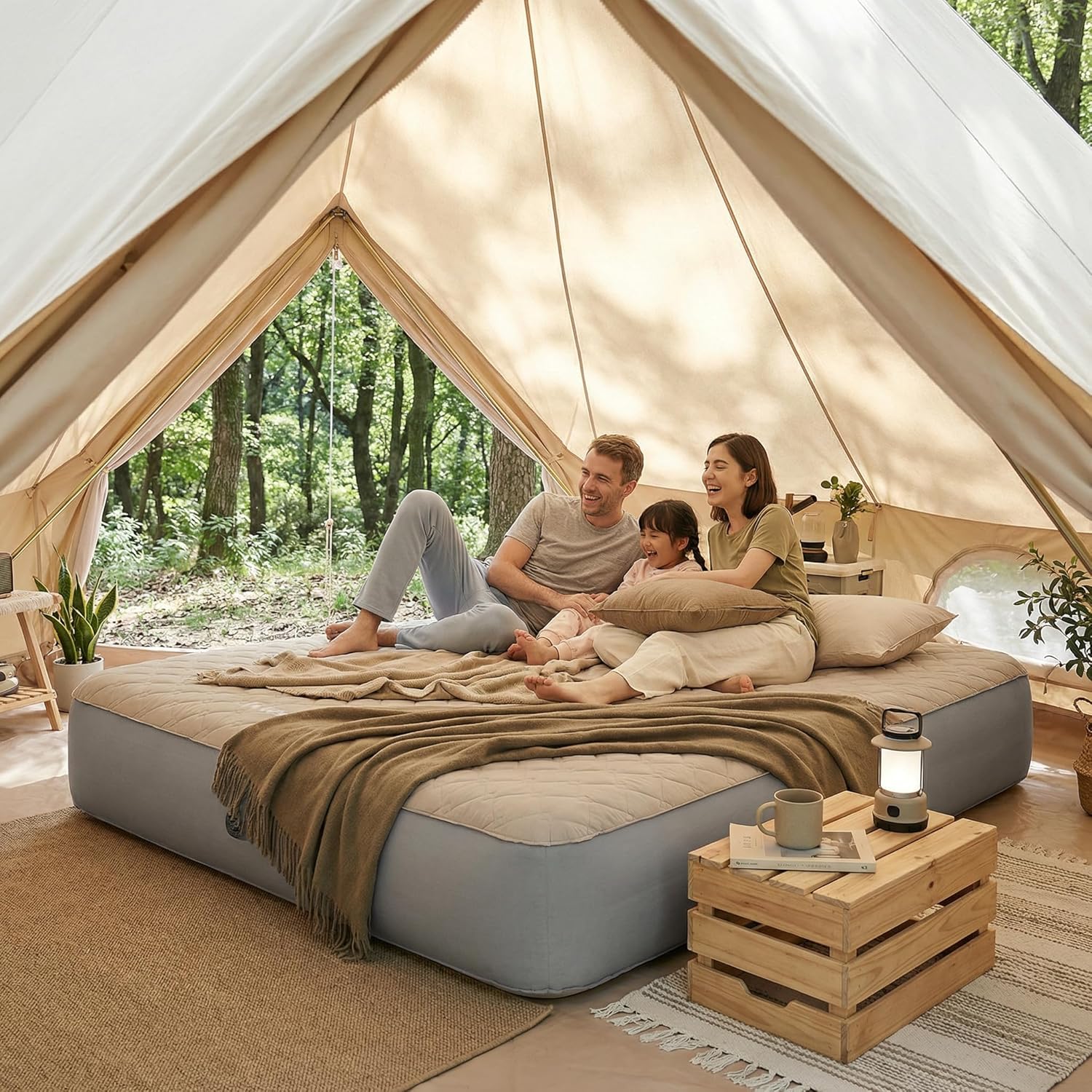 Drop Stitch Queen Air Mattress with Rechargeable Built in Pump & Washable Mattress Protector, 882 LBS Support, Adjustable Firmness, 1.5 Min Fast Inflate Inflatable Mattress for Home, Camping, Guest