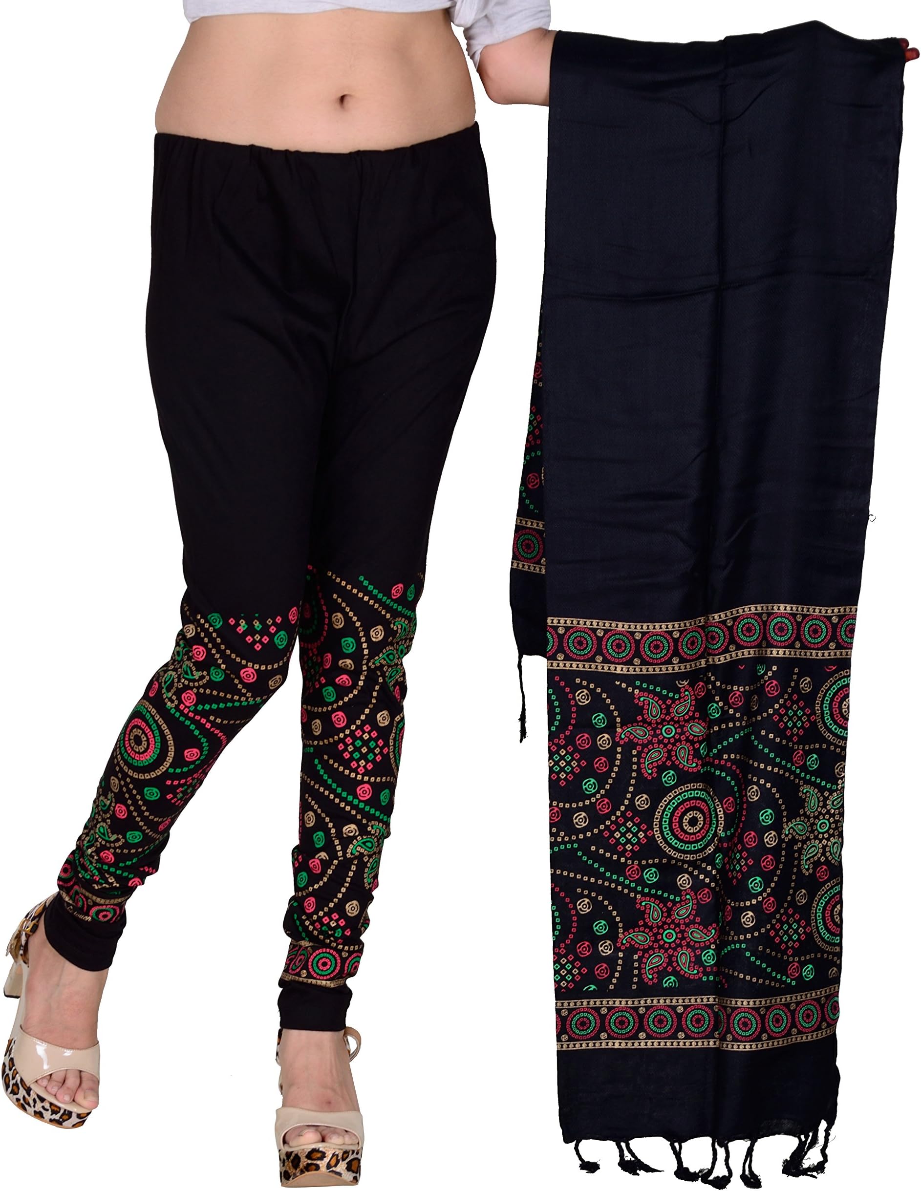 Snija Fashion Bandhani Print Dupatta(stall) Leggings Set(Black)