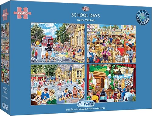 Rompecabezas de 4 x 500 piezas para días escolares, 4 rompecabezas en 1 caja, rompecabezas escolar, rompecabezas sostenible para adultos, tablero