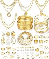 17MILE 78-Piece Gold Plated Jewelry Set for Women: 9 Necklaces, 24 Bracelets, 22 Earrings, 23 Knuckle Rings - Hypoallergenic Mix & Match Gift