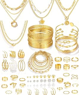 17MILE 78-Piece Gold Plated Jewelry Set for Women: 9 Necklaces, 24 Bracelets, 22 Earrings, 23 Knuckle Rings - Hypoallergenic Mix & Match Gift