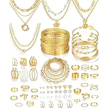 78 Pieces Gold Jewelry Set for Women, 9 Necklace, 24 Bracelet, 22 Earrings, 23 Knuckle Rings Gold Plated Jewerly set for Women Gift