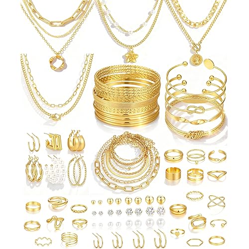 17 MILE 78 Pieces Gold Jewelry Set for Women, 9 Necklace, 24 Bracelet, 22 Earrings, 23 Knuckle Rings Gold Plated Jewerly set for Women Gift