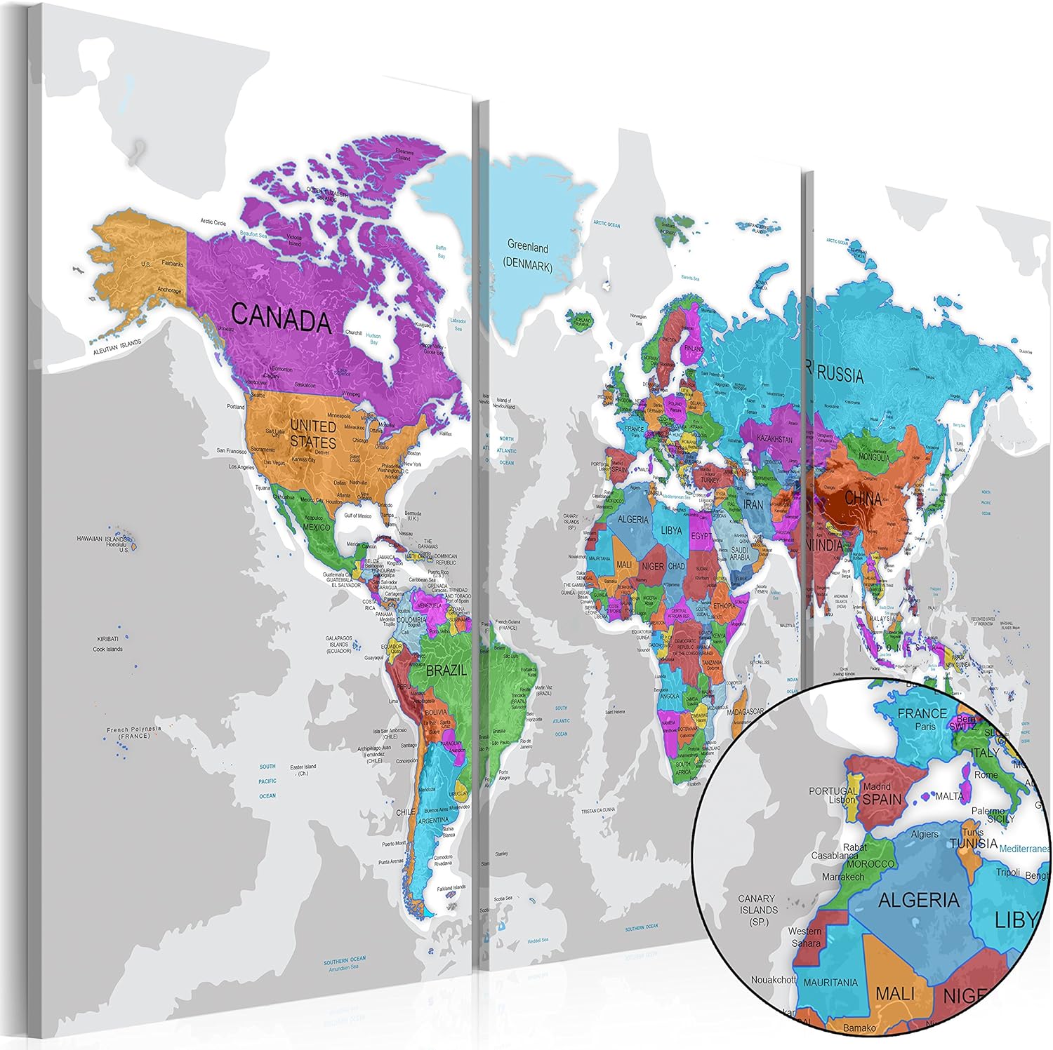 artgeist Pinboard World Map 35x24 in - Cork Board & Canvas Print Wall Art 3 pcs Memoboard with 50 Pins Noticeboard Message Board Image Picture Home Decor Travel Map Map of The World k-A-0070-p-f