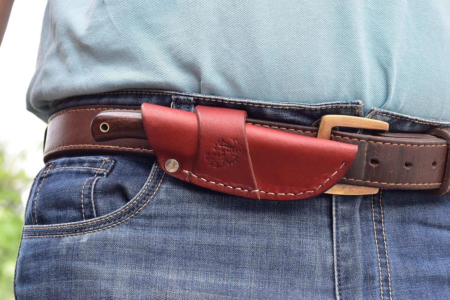 Knives Ranch Handmade Damascus Steel Full Tang 6-1/2" Overall Length Finger Groove Knife with Stabilized Rosewood Handle Fine Quality Horizontal/Cowboy Leather Sheath Snug Fit (3055-IRW) - Image 9