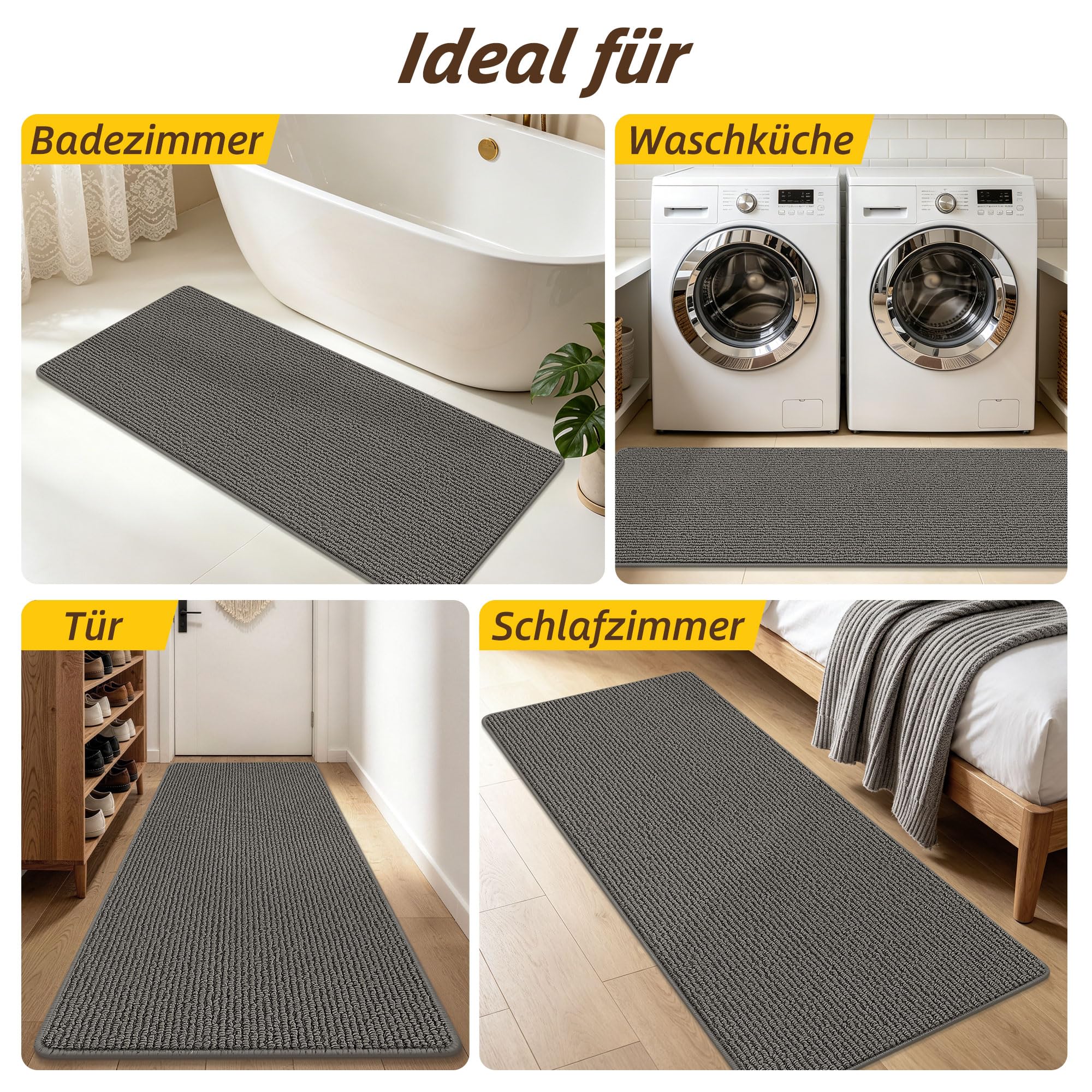 JSEI Küchenteppich rutschfest Waschbar, 2 Stück, 60x89+60x152cm, Grau