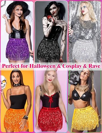 Sarfel Sequin Skirt for Women Sparkly Skirt for Women Shiny Tassel Skirts Glitter Belly Dance Hip Scarf Rave Outfit Halloween