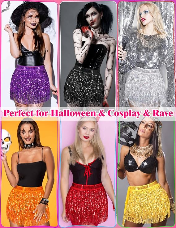 Sarfel Sequin Skirt for Women Sparkly Skirt for Women Shiny Tassel Skirts Glitter Belly Dance Hip Scarf Rave Outfit Halloween