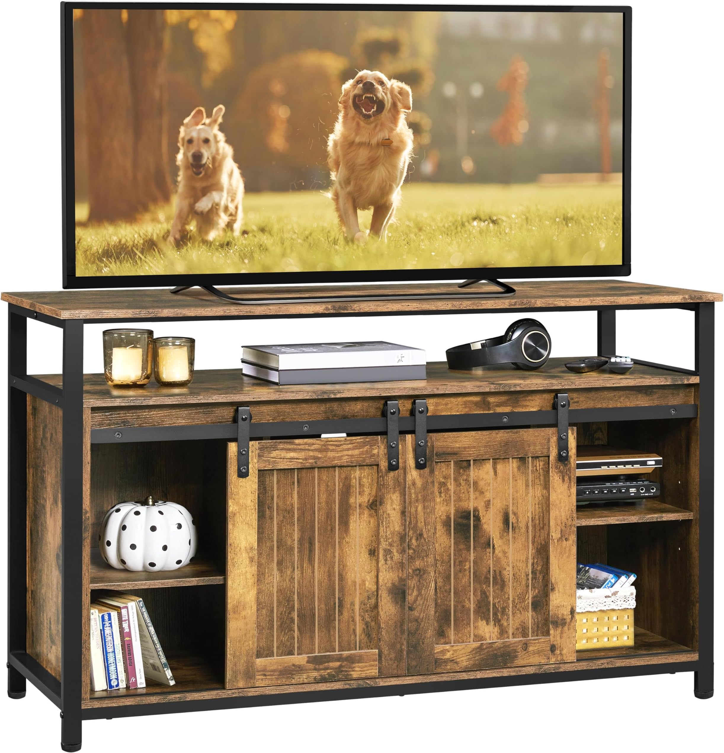 Yaheetech TV Stand for 65 Inch TV, Farmhouse Entertainment Center with Storage, Wood Tall TV Stands for Living Room with Sliding Barn Doors, Rustic Brown