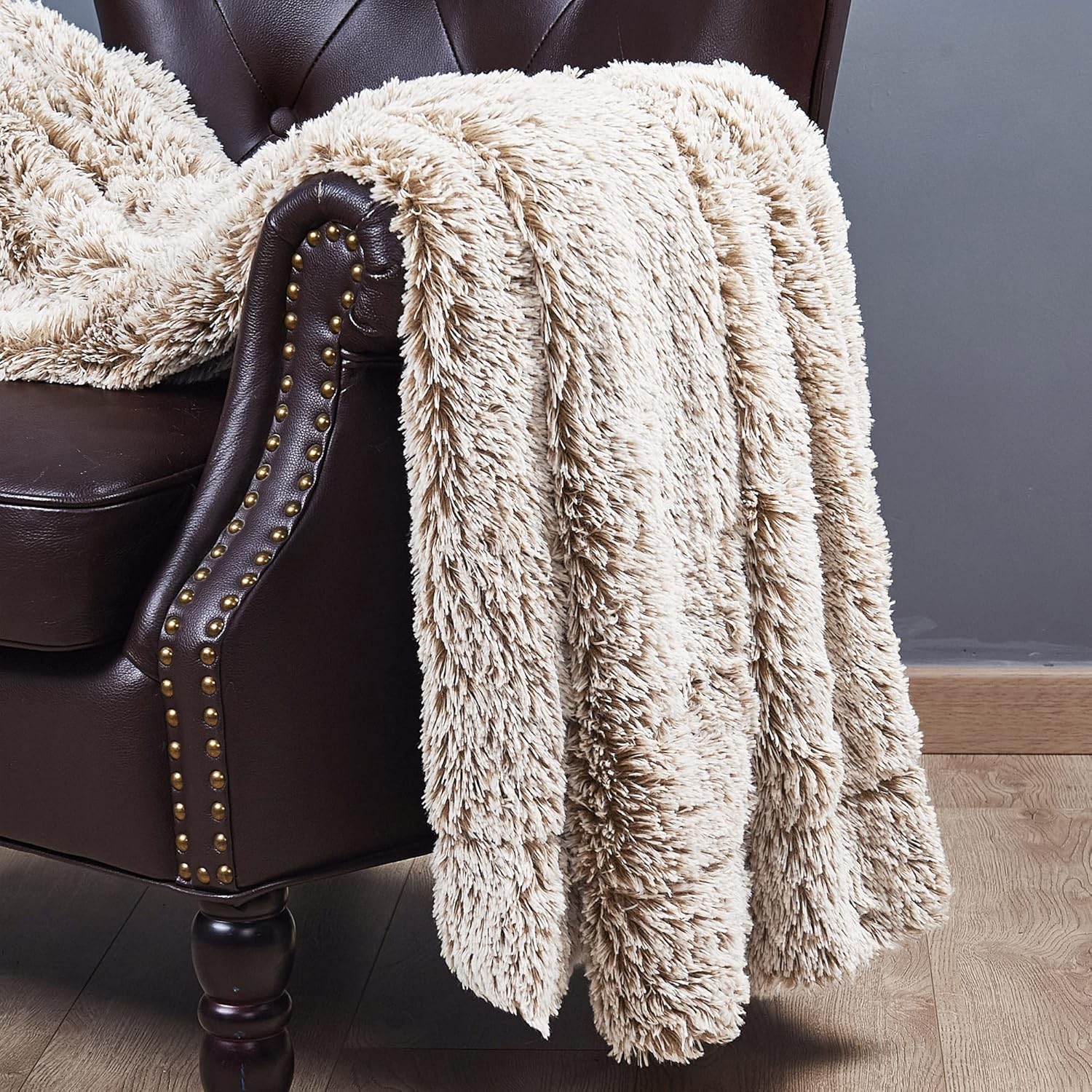 Woolly Faux Fur Plush Shaggy Throw Blankets with Microplush Back, Soft Cozy Fluffy Fuzzy Luxury Throw for Couch Sofa Chair Bed Cover, Bedroom Living Room Decor Blanket, 50 x 60 in, Desert Tan