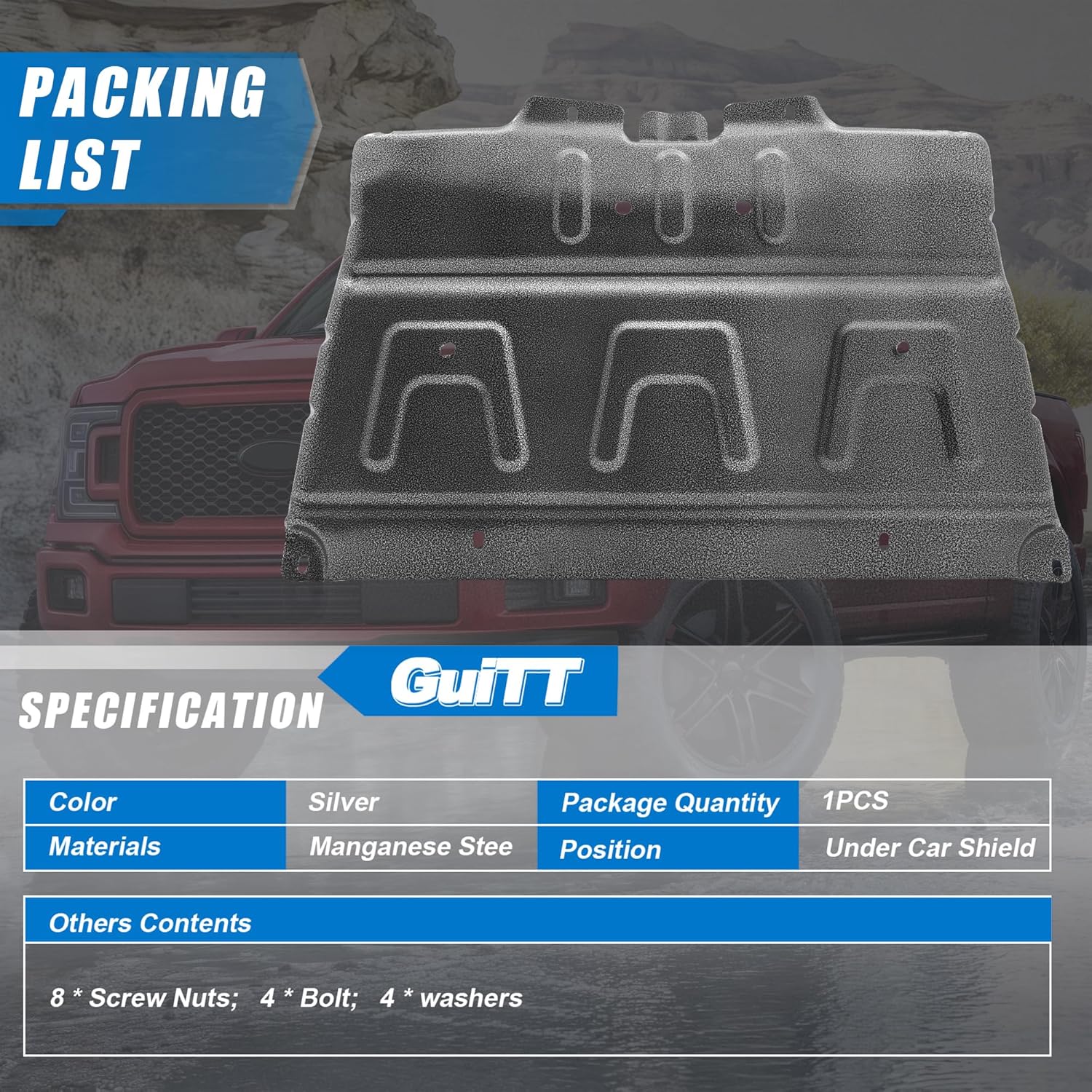 Manganese Steel Engine Splash Guard Panel Compatible With 2015-2020 Ford F150 with Gasoline Engine With Mounting Screws Not Fit Raptor Model/Not Fit 3.0L Diesel Replace ML3Z-7222-D