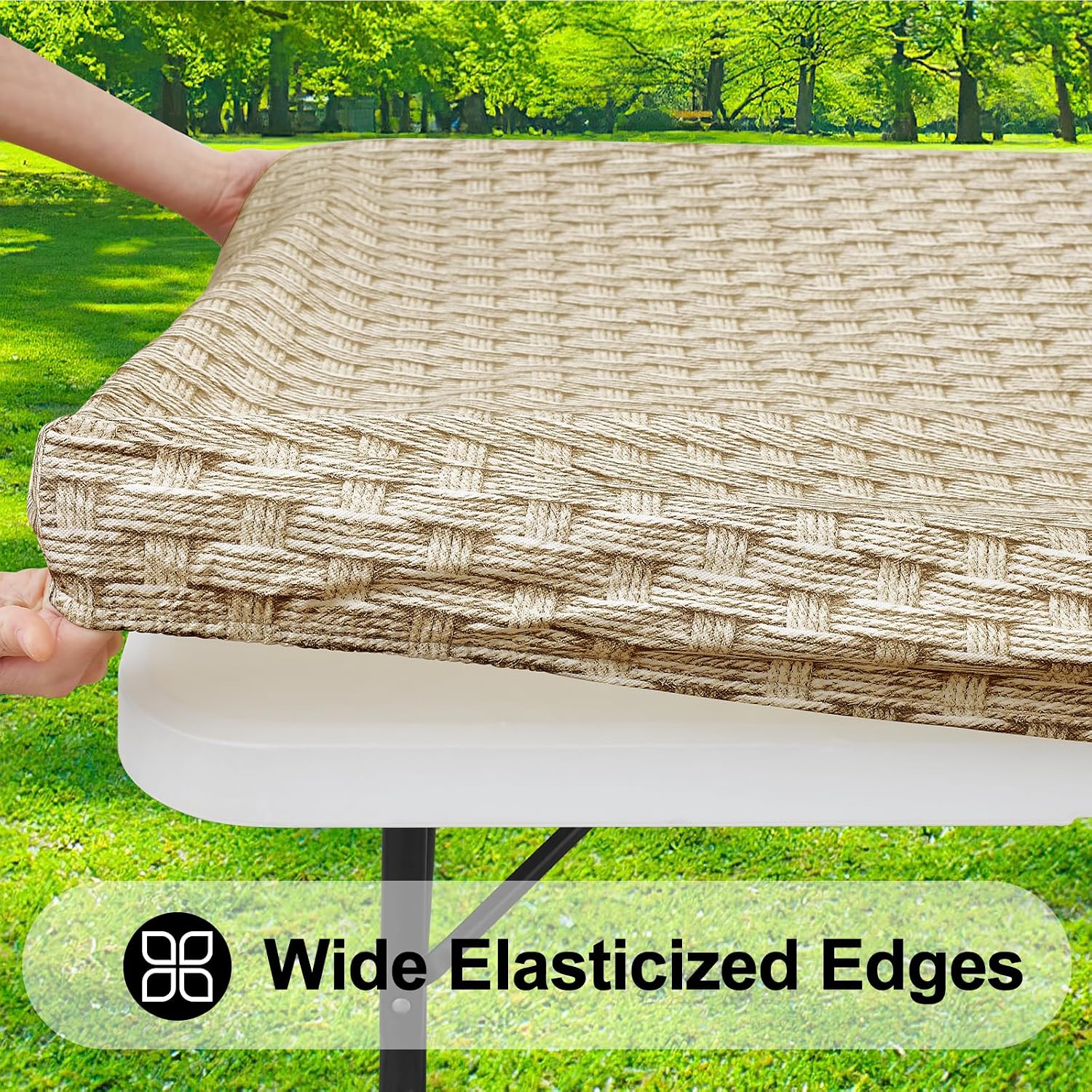 smiry rectangle table cloth cover, waterproof elastic fitted picnic tablecloth for 6 foot tables, wipeable flannel backed vinyl tablecloths for camping, dining, outdoor (weave patterns, 36" x 72") 72" x 36" (rectangular) sand
