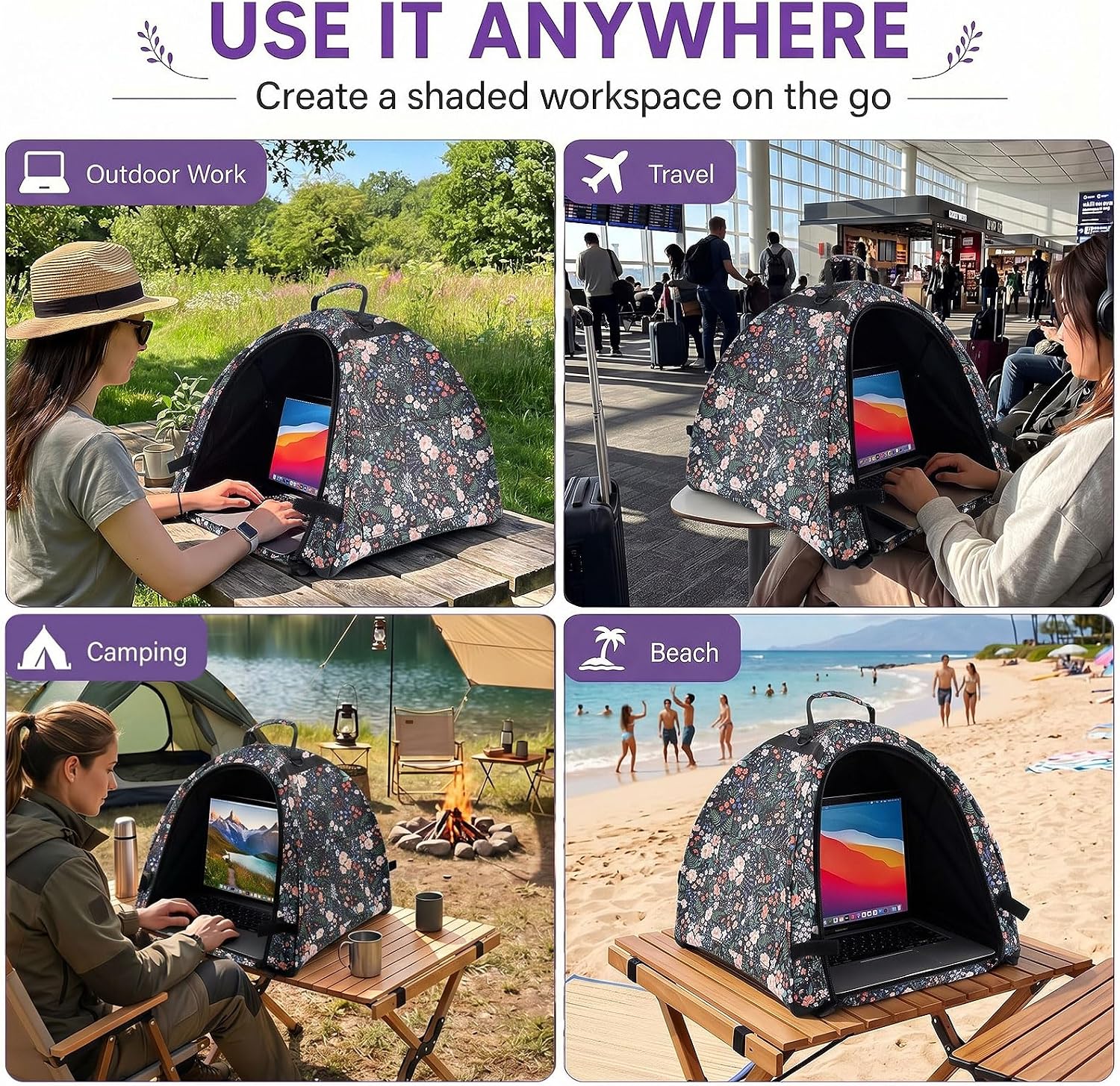 SATINIOR Laptop Tent, Portable Laptop Sun Shade for Working Outside, Waterproof Fabric Computer Privacy Hood for Glare Shield Sunlight, Convertible Tote for Within 17 in Laptops (Black)