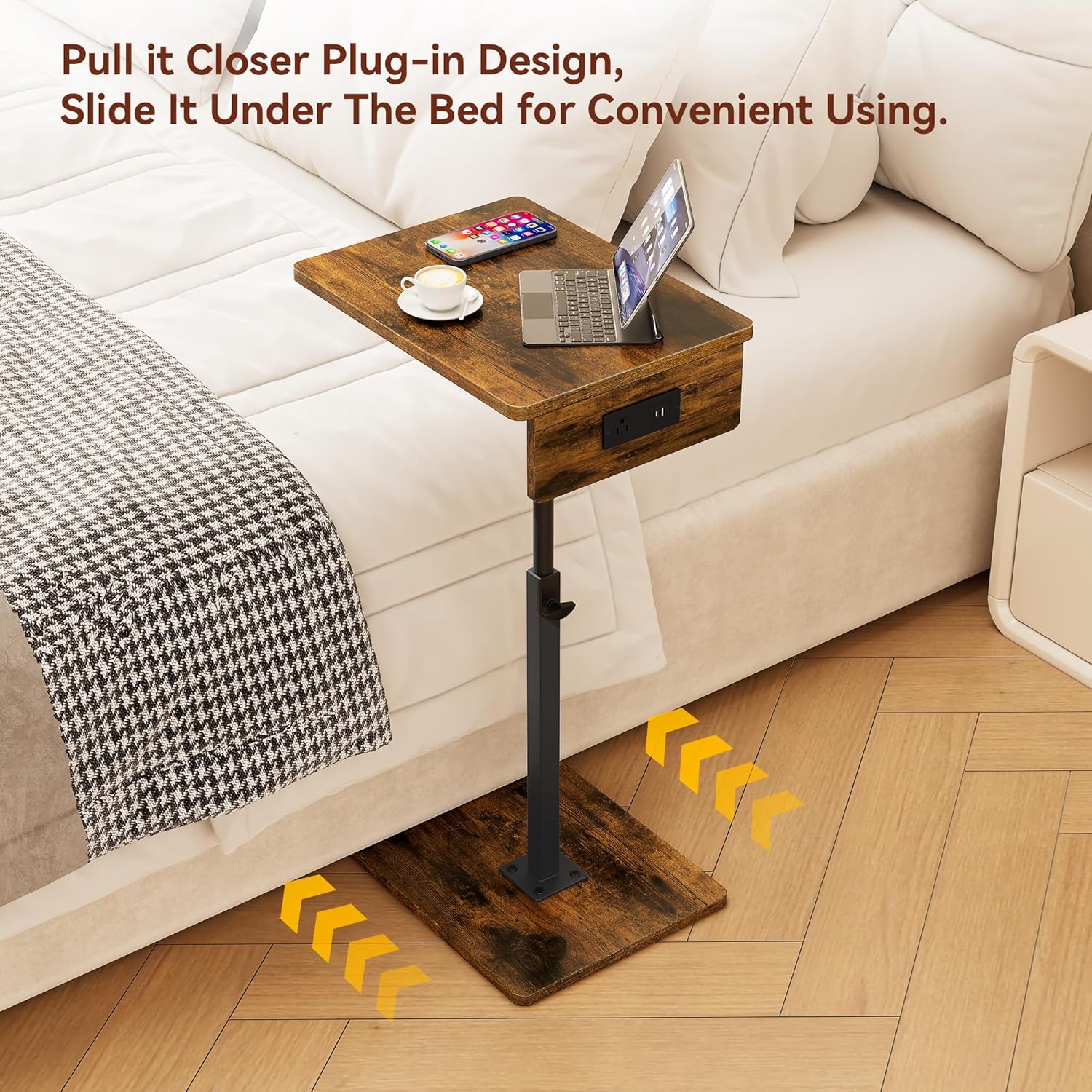 C Shaped End Table with Charging Station, Adjustable Height C Table End Table, 360°Swivel TV Tray Table for Small Spaces, Rounded Corners Couch Table, Side Tables Living Room for Sofa,Chair,Snack,Bed