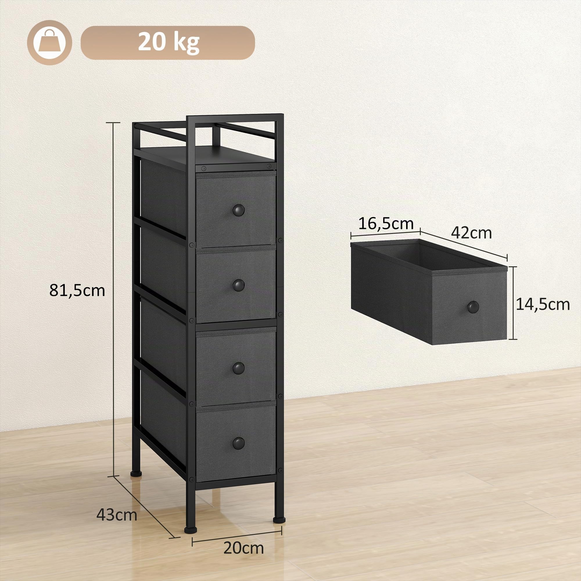 HOMCOM Kommode Schrank mit 4 Schubladen Schmal mit Stahlrahmen Schwarz
