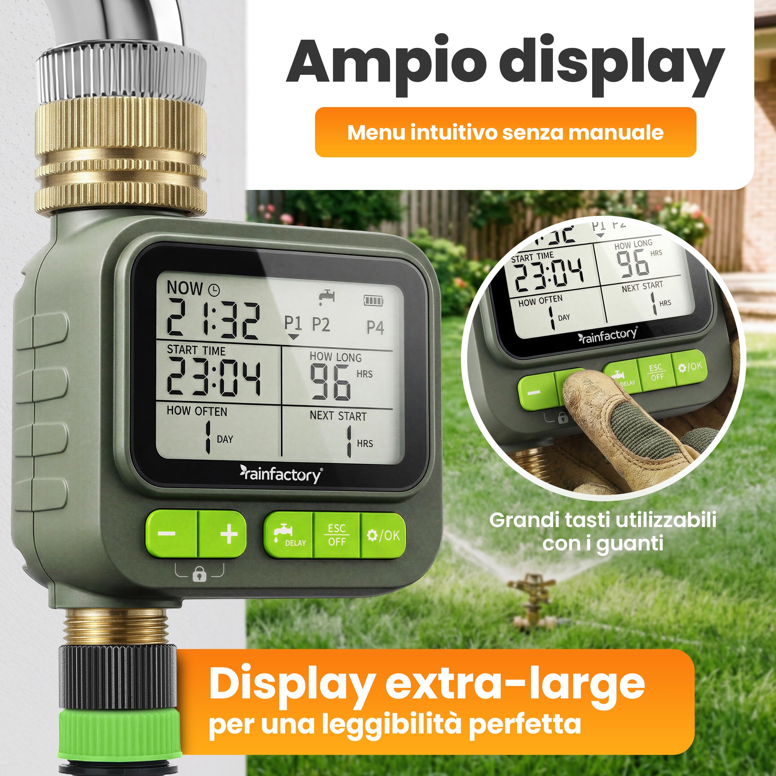 rainfactory - timer irrigazione automatico 1 via, centralina irrigazione a batteria IP65 con display LCD, 4 programmi, manuale, delay pioggia, raccordo ¾" per giardino, balcone, vasi, goccia a goccia!