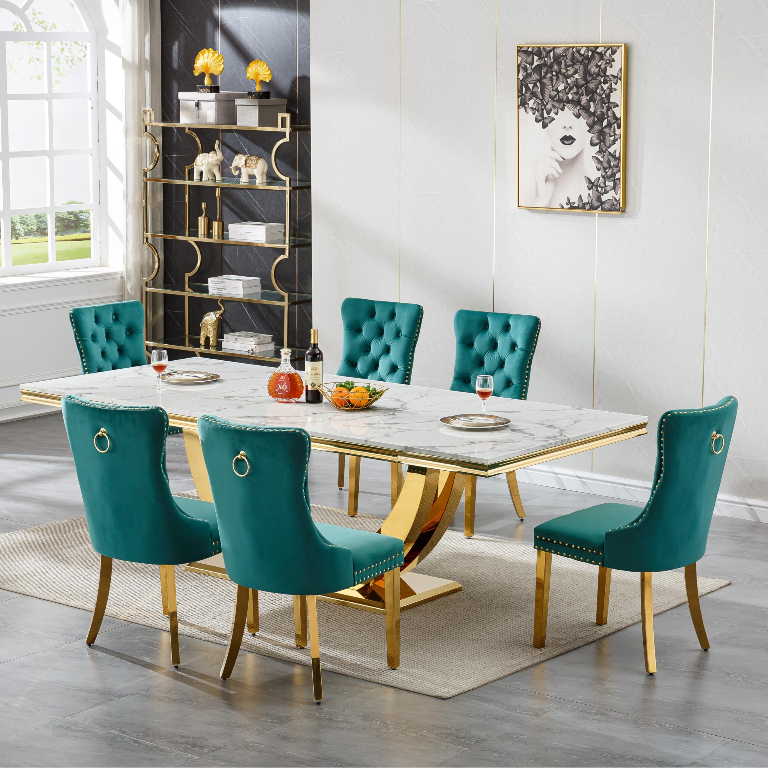 94.5" Large Marble Dining Table Set for 6, Luxury White Gold Kitchen Table with 6 Green Velvet Dining Chairs, Modern Fuax Marble 7-Piece Dining Room Table Set for 6 w/Stainless Steel U-Base