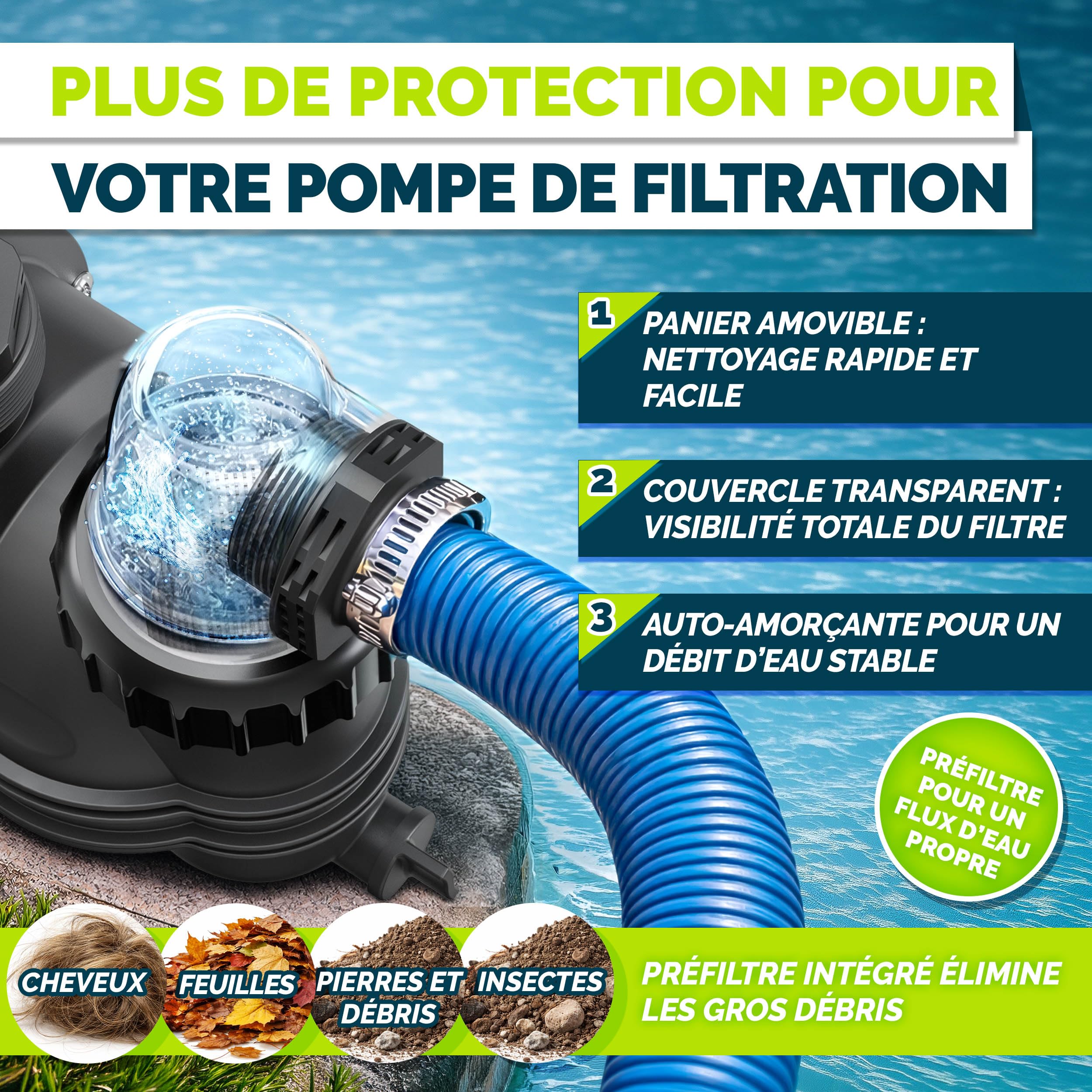 tillvex® Pompe de filtration piscine 9 500 L/h & 550 W | Hauteur de refoulement max. 10 m | Pompe de circulation pour piscines 40 m³ | Auto-amorçante pour piscine hors-sol & spa avec préfiltre