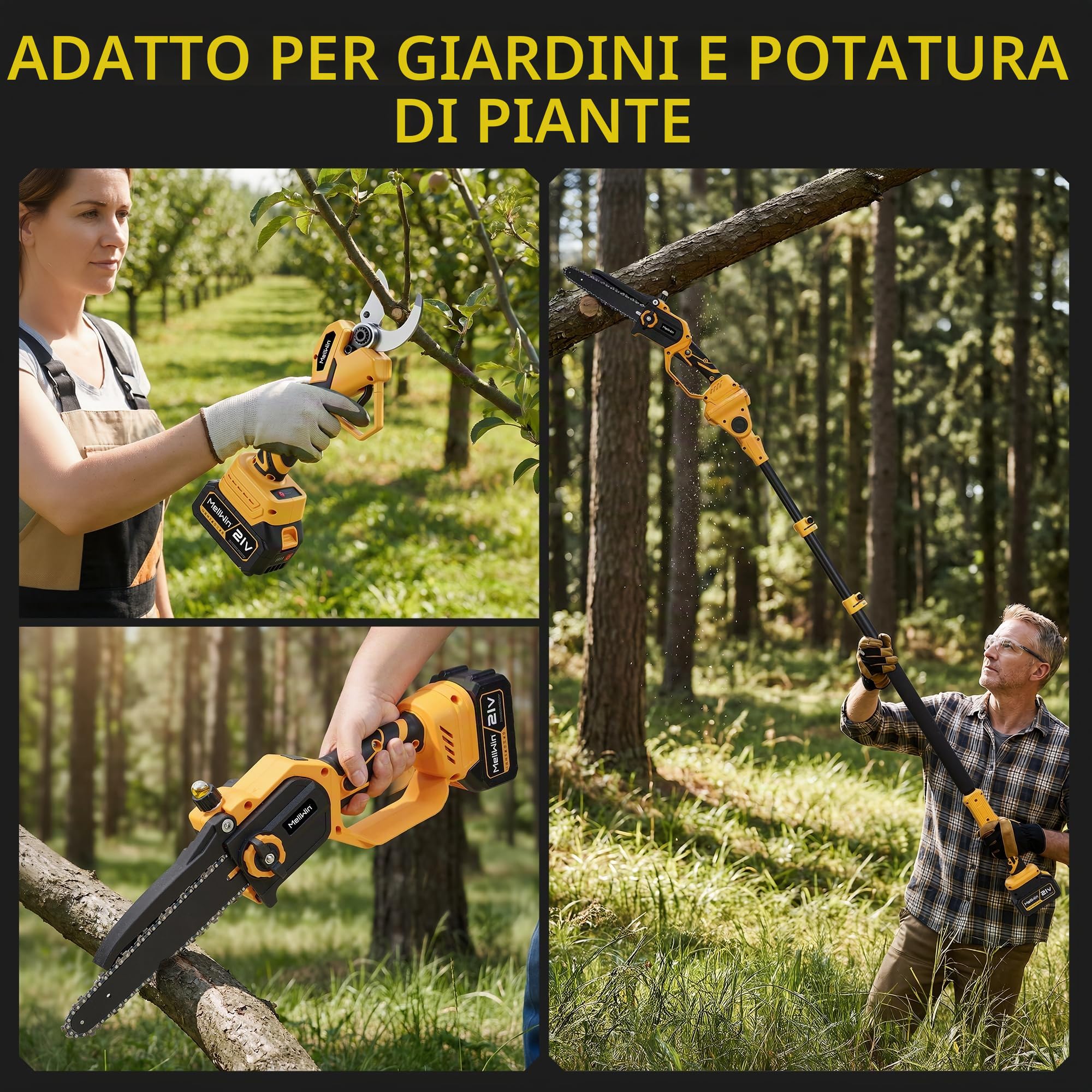 Motosega e cesoie elettriche da potatura MELLWIN 4 in 1, attrezzo da giardino senza fili da 20 cm con asta telescopica, serbatoio dell'olio da 30 ml, motore brushless, cesoie da giardino da 2,3 m e 40