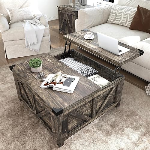 Farmhouse Lift Top Coffee Table with Storage, Wood Square Center Table with Charging Station&USB Port, Living Room Table w/Large Hidden Space, for Living Room, Bedroom, Home Office, Dark Grey