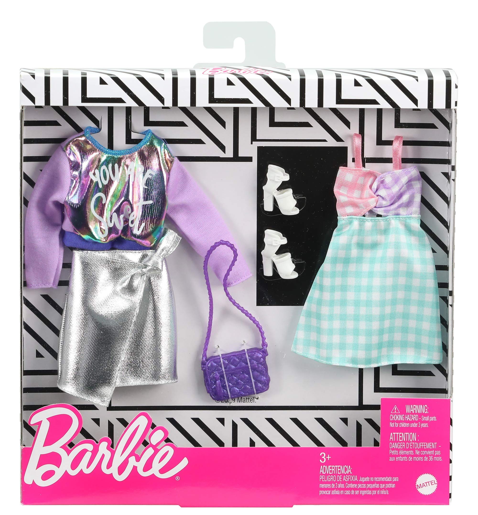 Pack De Ropa Para Muñeca Barbie De 2 Trajes – Falda Azul, Pantalones Cortos Rosas, 2 Camisetas Y Accesorios (gafas Y Collar)