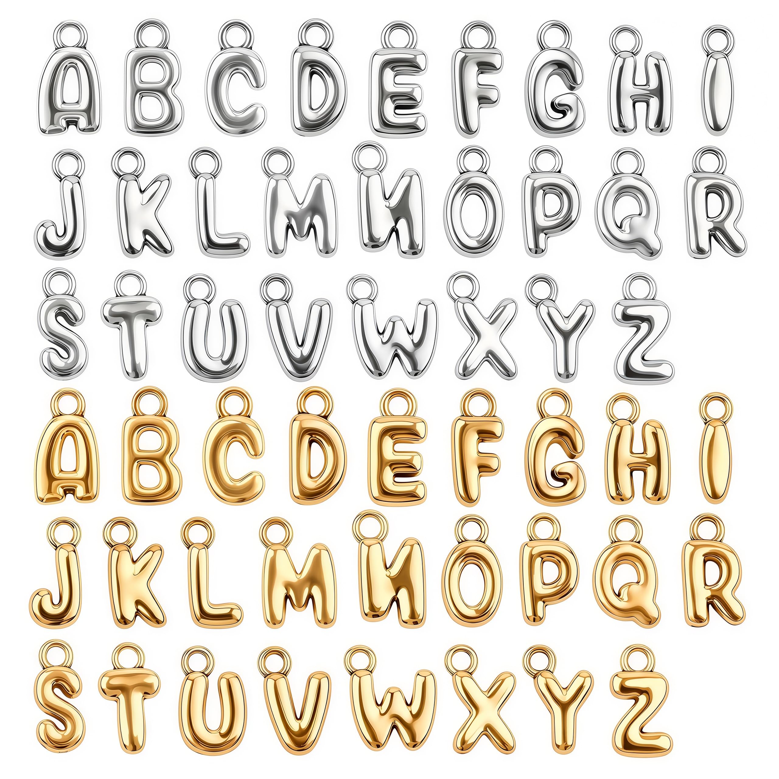 LUSTRIB 52PCS Letter Charms for Jewelry Making, Silver & Gold A-Z Bubble Alphabet Charm Pendants (2 Sets x 26), Bubble Letter Initial Charms for DIY Bracelets Necklaces Earrings Craft Supplies