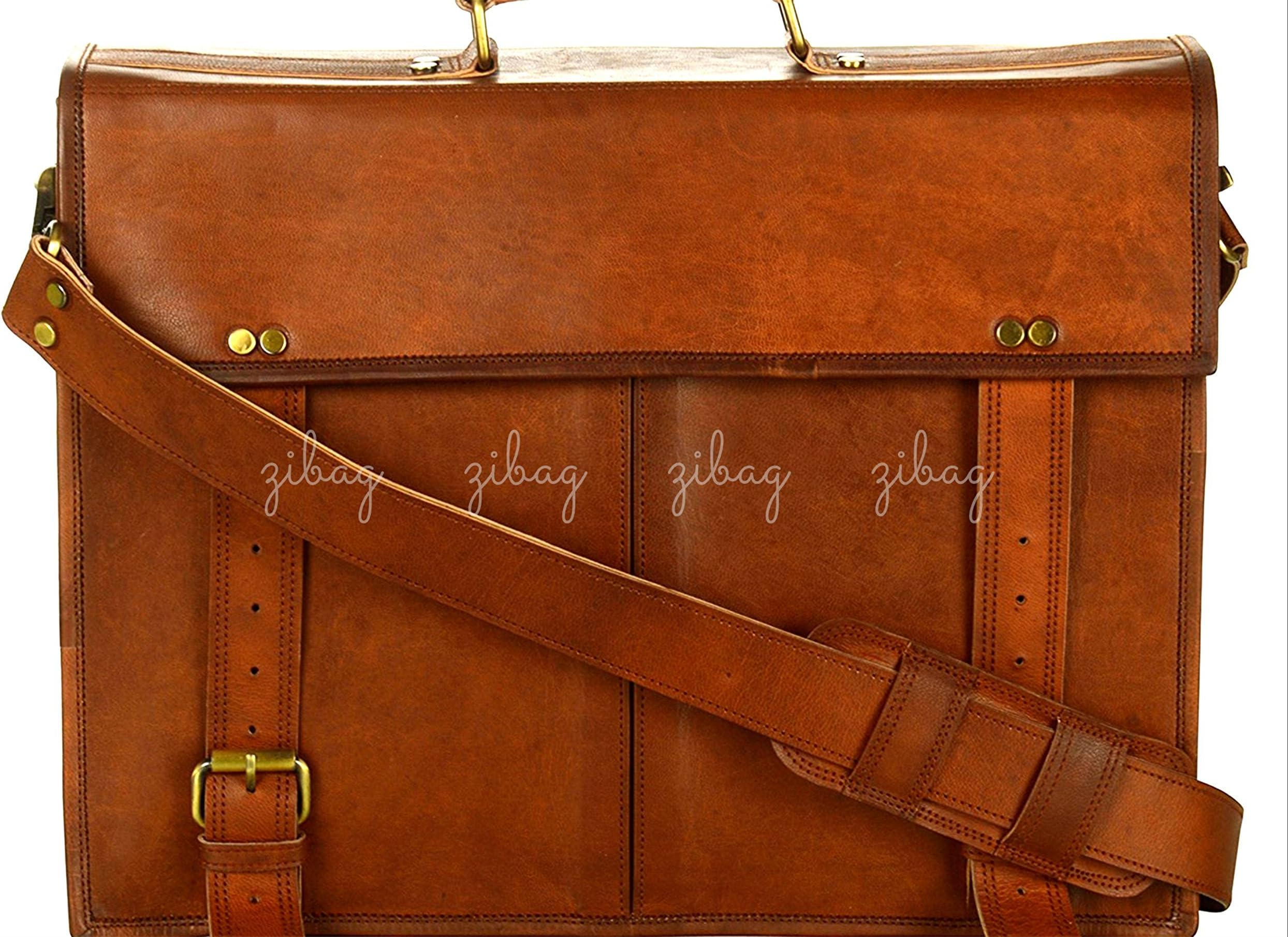 Zibag Genuine Goat Leather Vintage Messenger Laptop Bag/Briefcase Bag with Adjustable Strap for Men - (Natural Brown)
