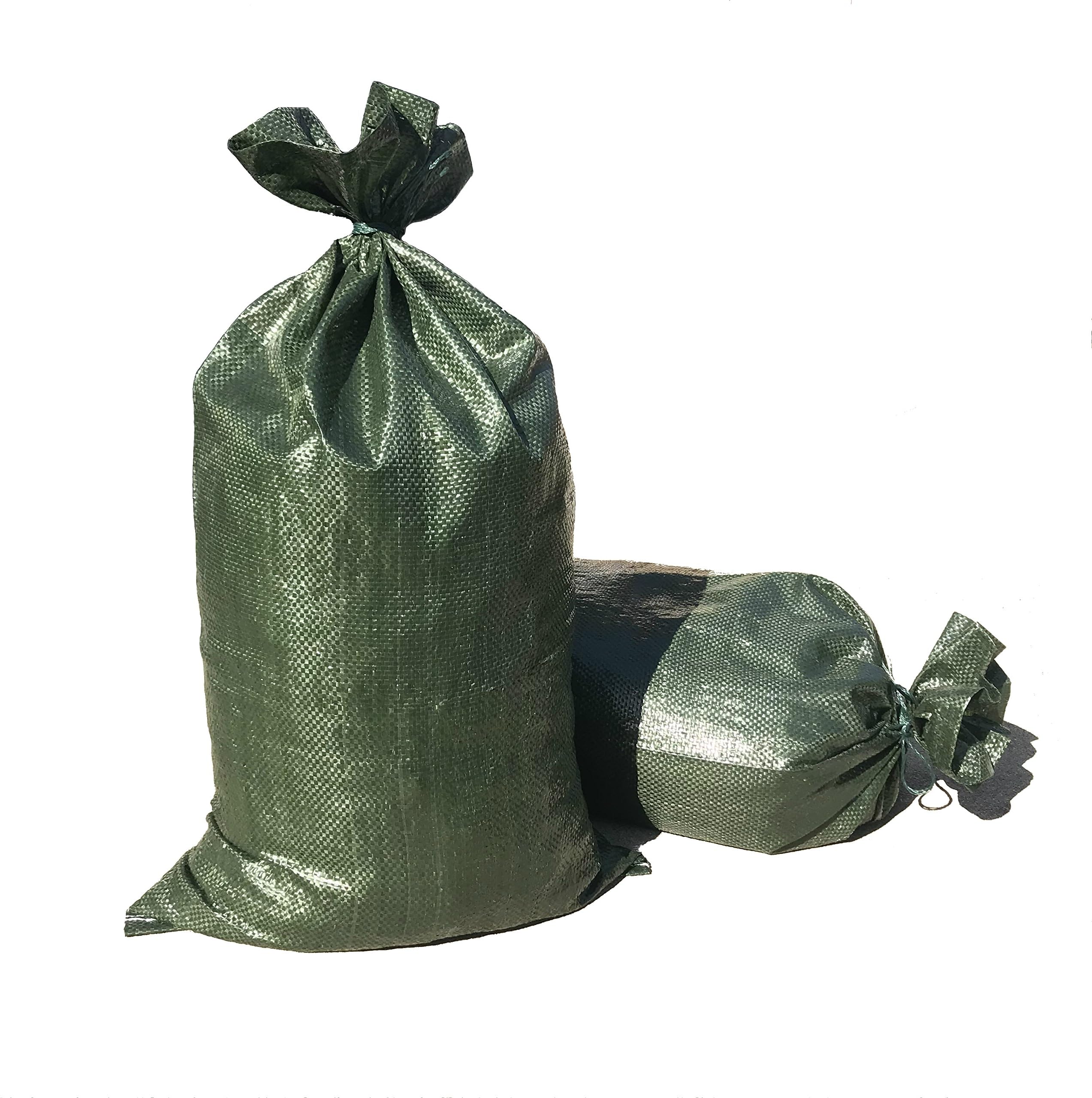 Sandbags | Military Grade Empty Dark Green Woven Polypropylene Heavy Duty Sand Bags | with Strong Drawstring Closure Ties | 4000 Hrs of UV Protection | 14" x 26" Size | 50 Lbs Capacity | 20Pcs