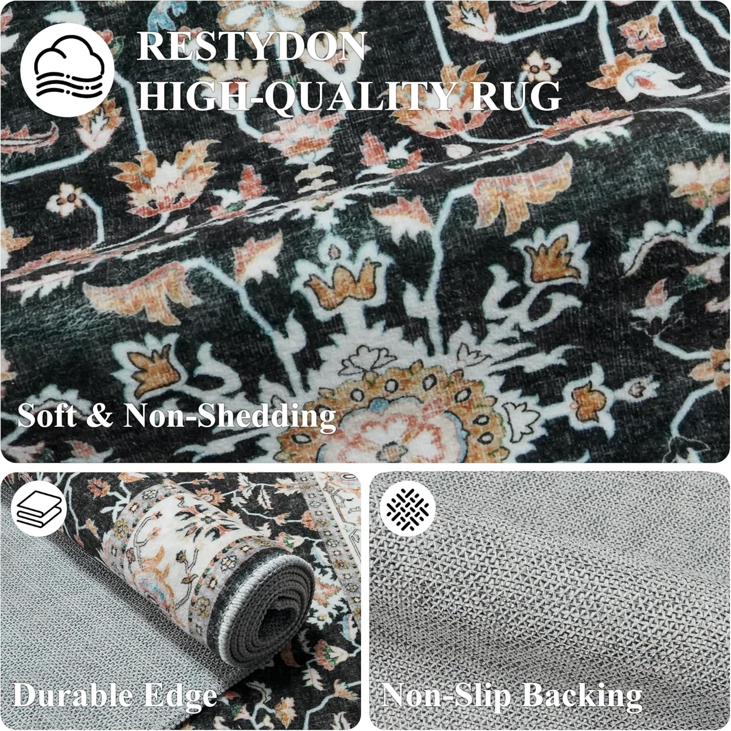 TOPRUUG Washable 2x8 Runner Rug: Vintage Non-Slip Stain Resistant Rug Low Pile Ultra Thin Carpets for Kitchen Hallway Living Room Durable Soft Bedroom Entryway Mat for High Traffic Area (Black, 2x8)