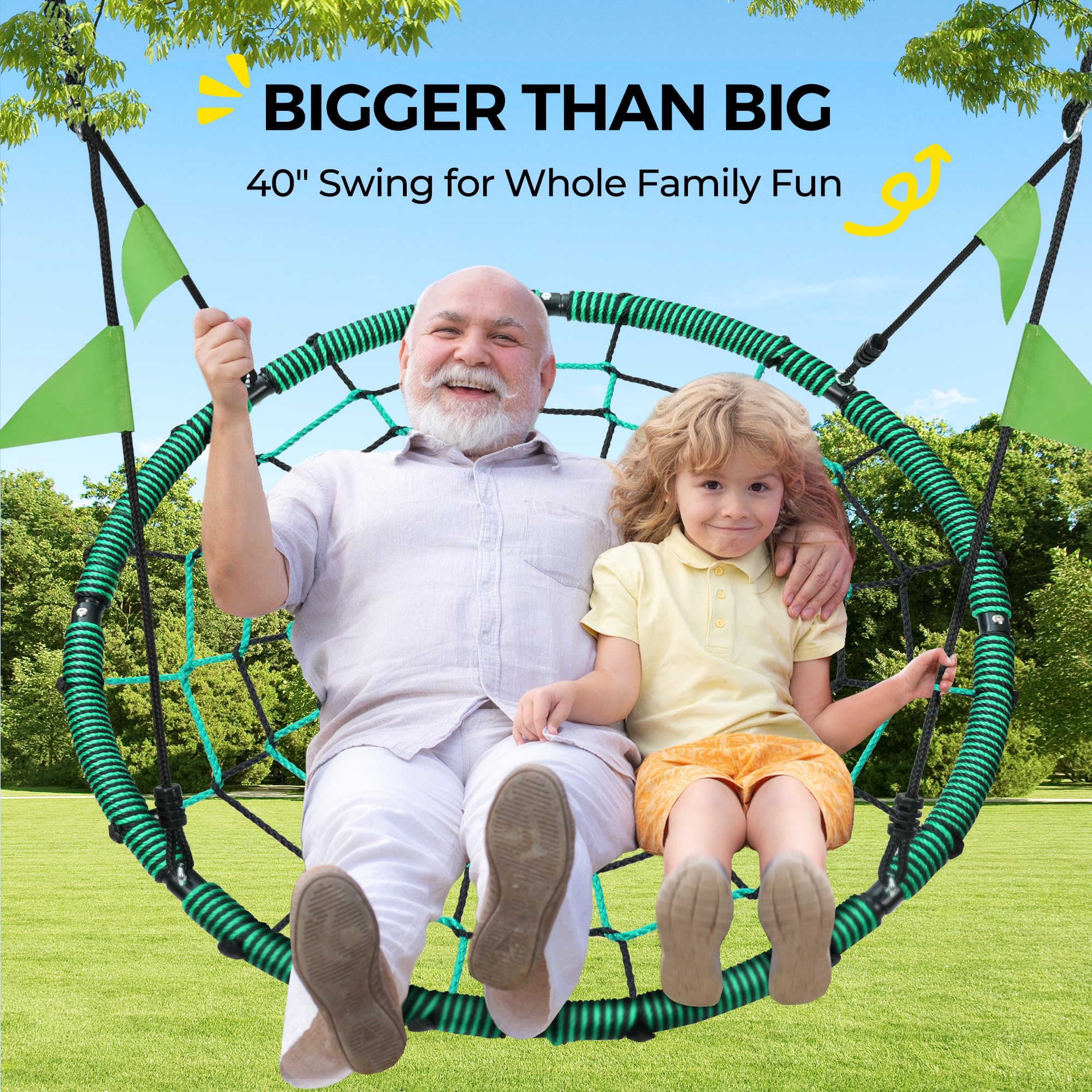 PACEARTH 40” Spider Web Saucer Swing for Kids & Adults Max 700LBS Heavy Duty Net Swing with Rustproof Hardware 3X Durable, Tree Straps and Swivel Included for Trees, and Structures, Green