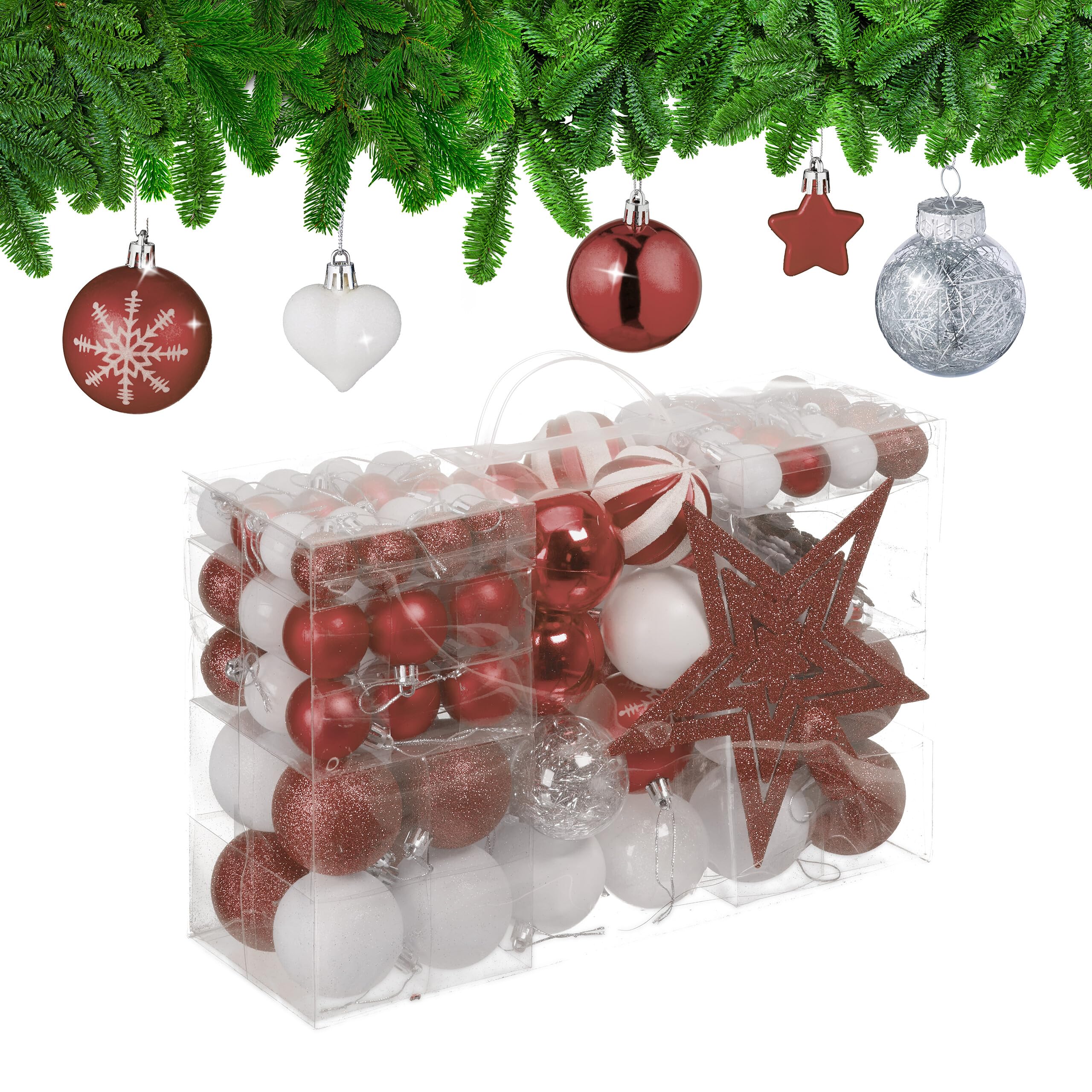 Relaxdays Christmas Ornaments, Set of 101, Glittering, Tree Decorations, Baubles & Stars, Plastic, Traditional, Brown