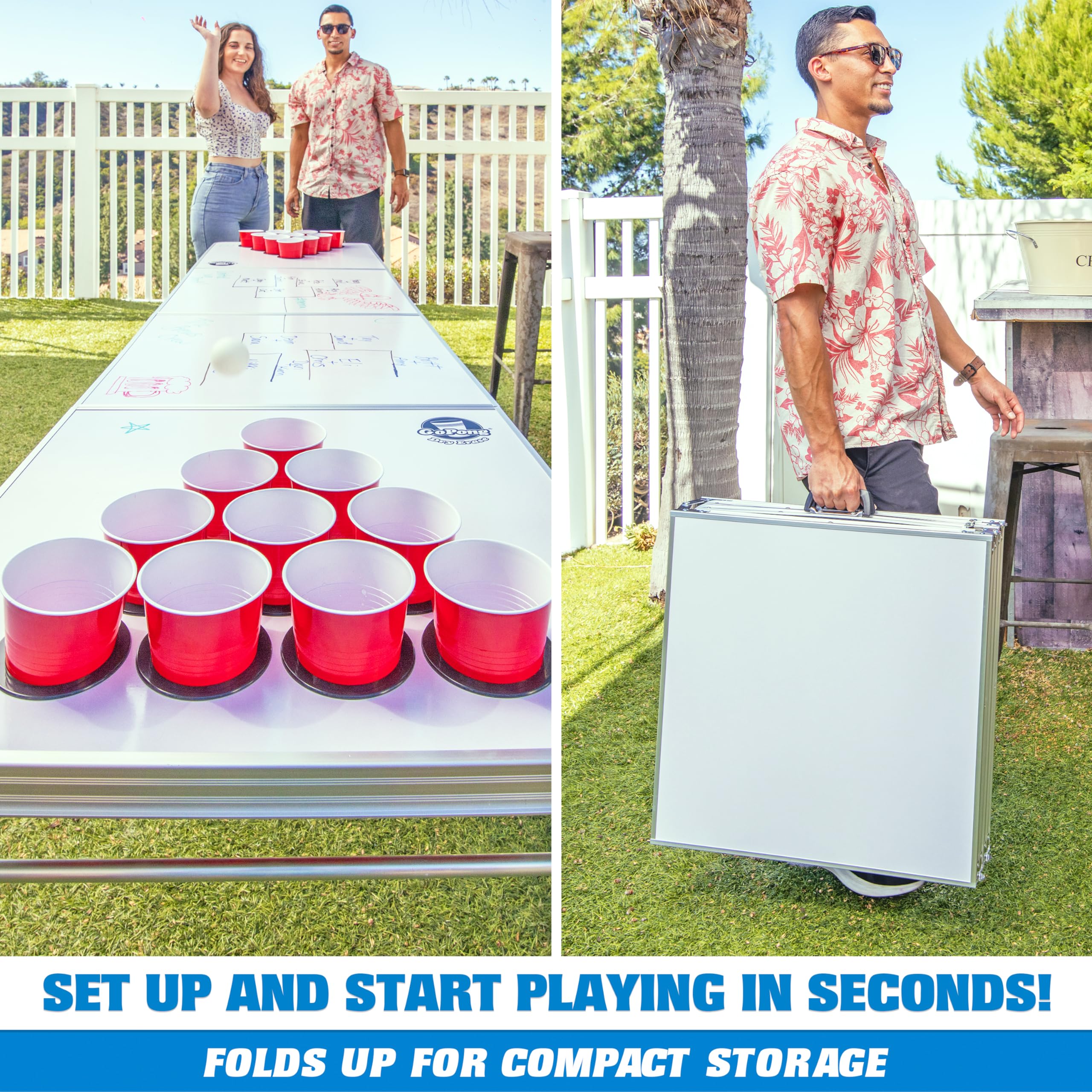 Table de beer pong portable de 2,4 m, lumières LED, pliable, avec poignées de transport et 6 balles de ping-pong, hauteur réglable, légère