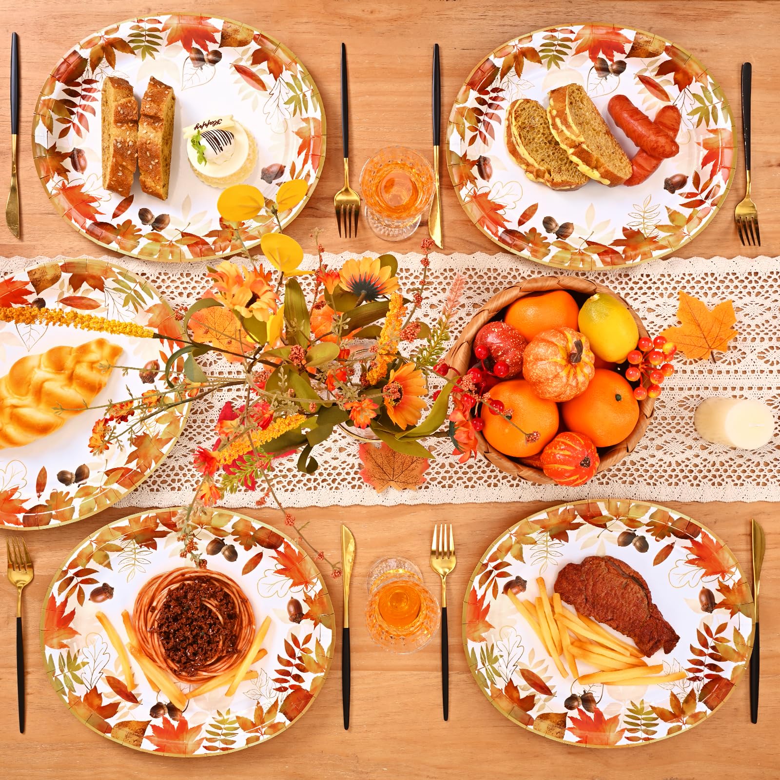 Homlouue 50 piatti di carta ovali con foglie autunnali, 30 x 25 cm, piatti di carta per il Ringraziamento, grandi piatti di carta usa e getta per feste a tema autunnale, 50