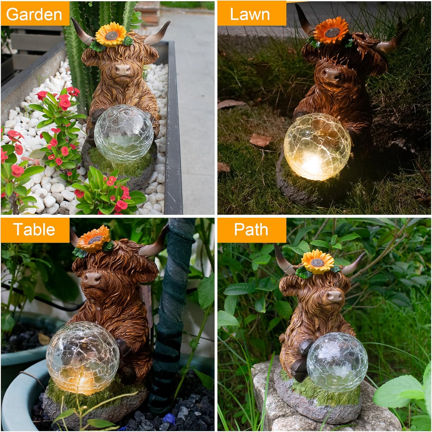 Highland Cow Outdoor Statue with Solar Transparent Ball for Garden Outside Yard Lawn Decor Highland Cow Figurine Porch Patio Balcony Home, Birthday Gifts for Mom Women
