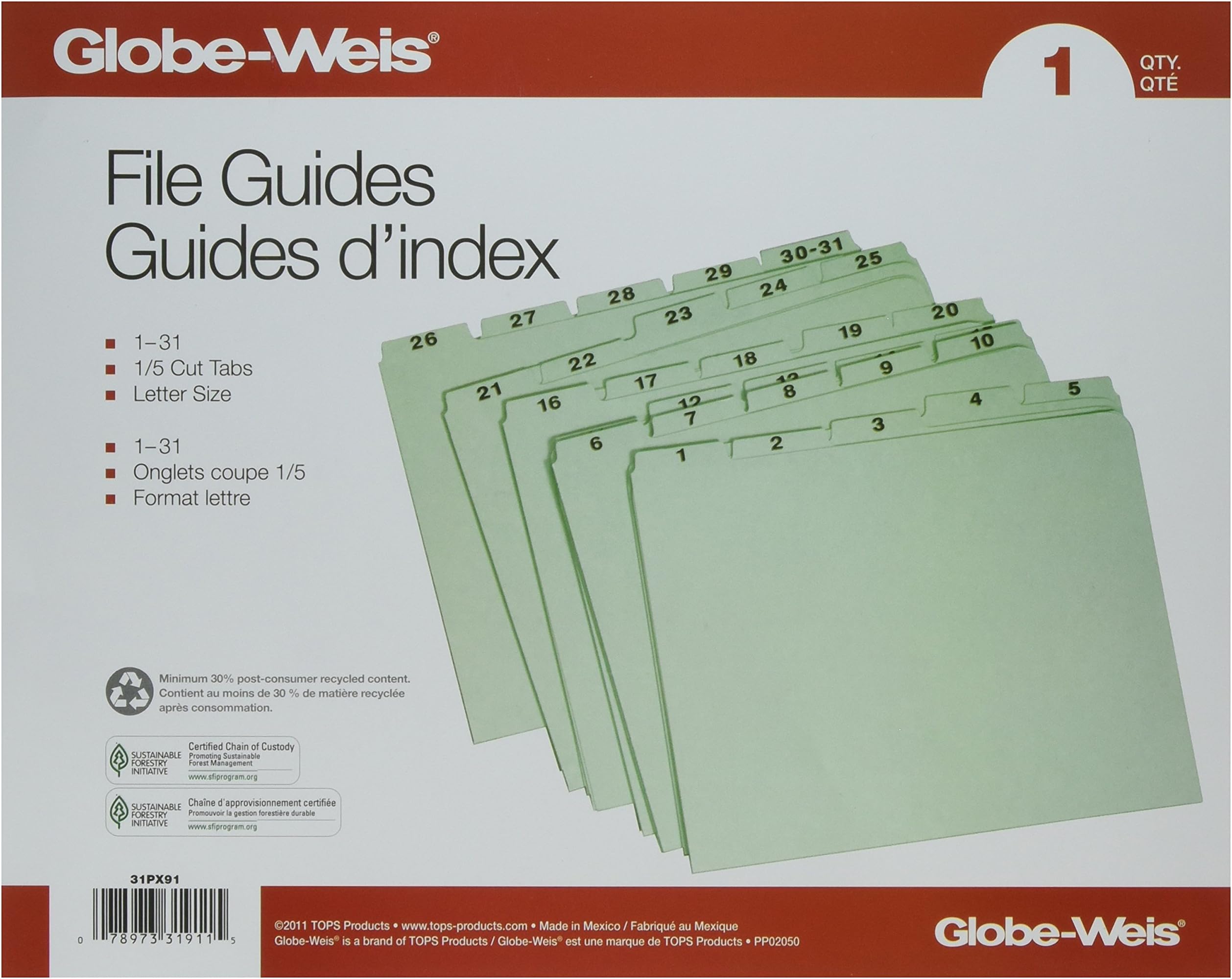 Globe-Weis Recycled Daily Indexed Top Tab Guides (GLW31PX91)