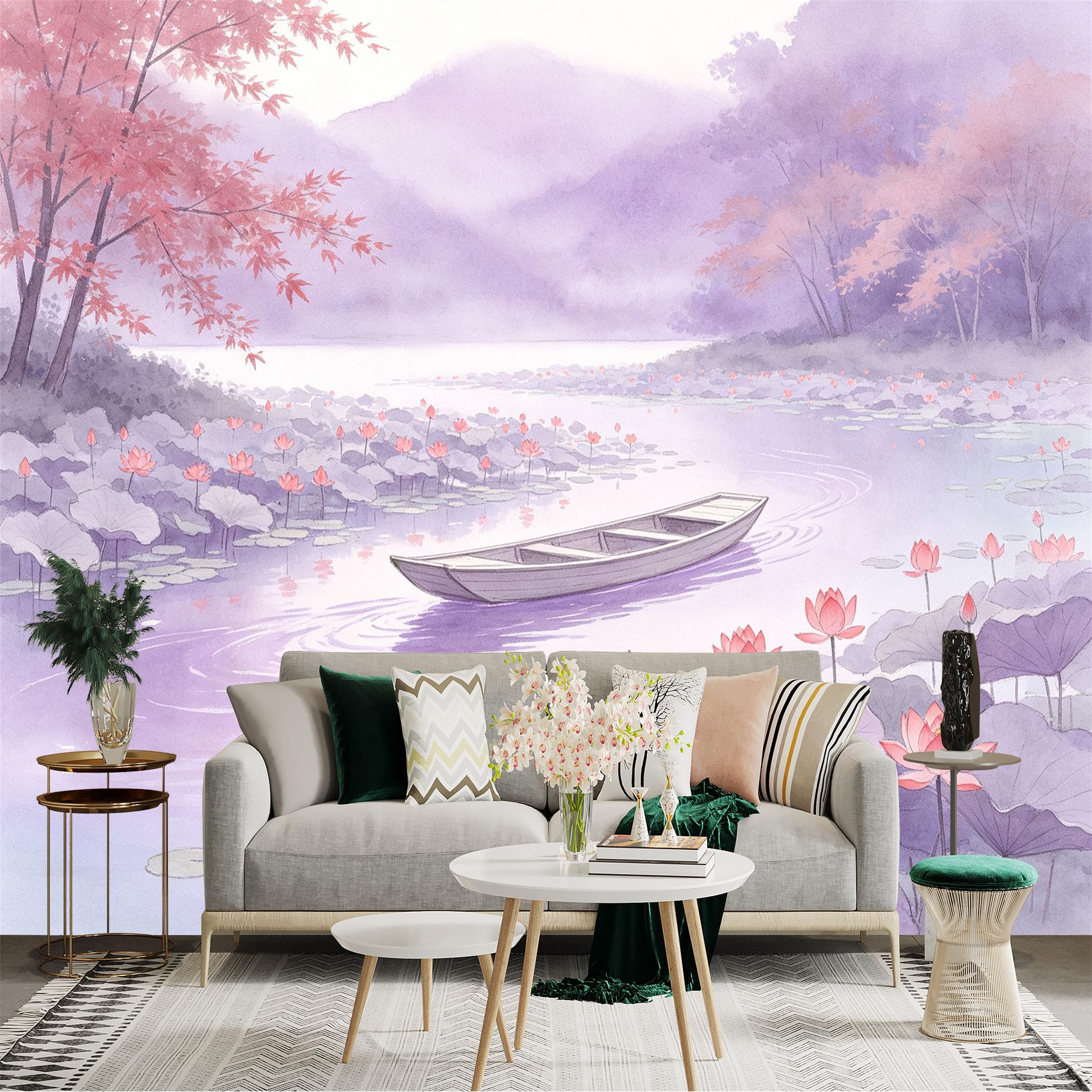 Custom Size Wall Sticker Mural， Watercolor Lotus Pond， Peaceful River Scene， Serene Boat and Flowers， for wall Decoration， peelandstick wall Decals.
